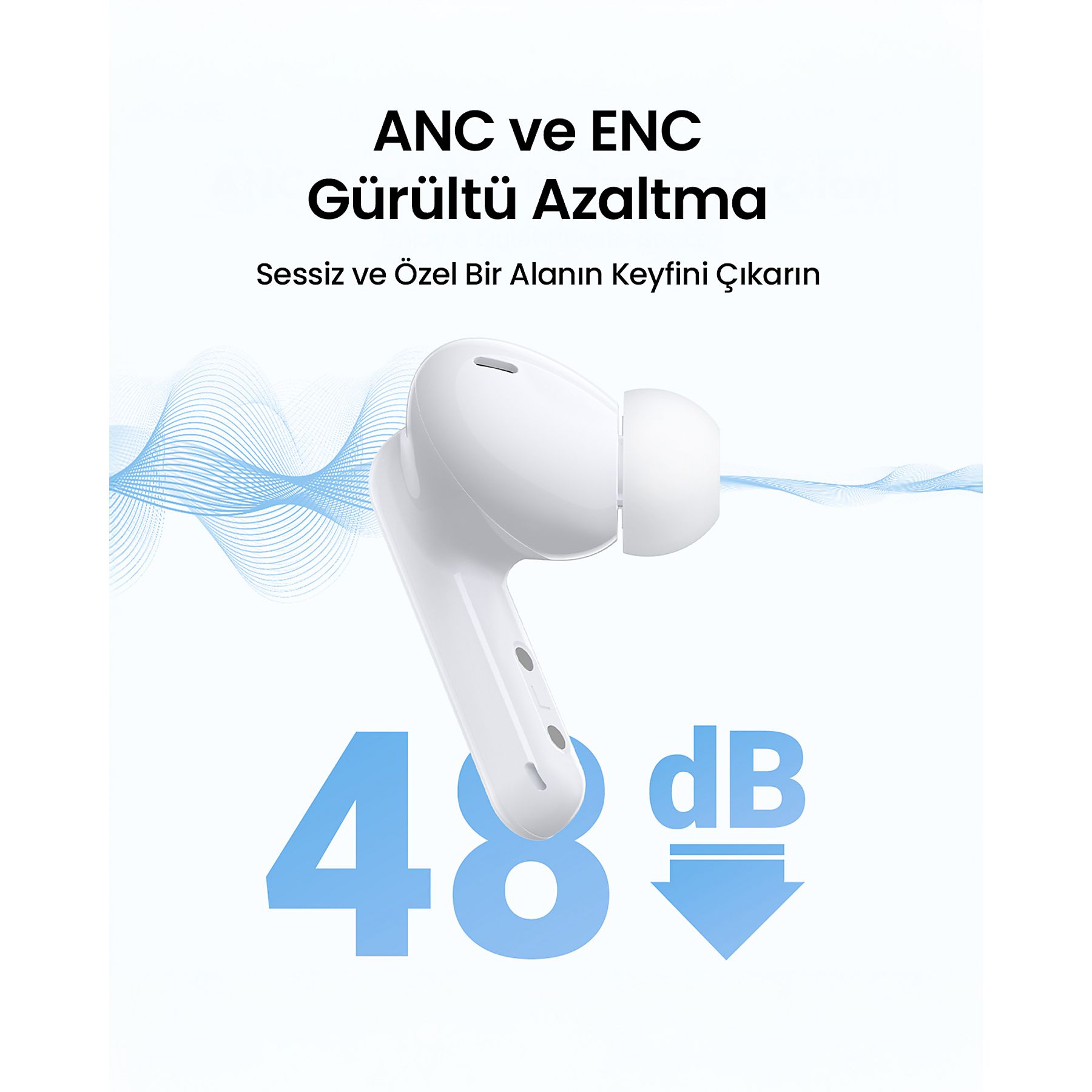 Biały słuchawka z falami i redukcją hałasu 48 dB.