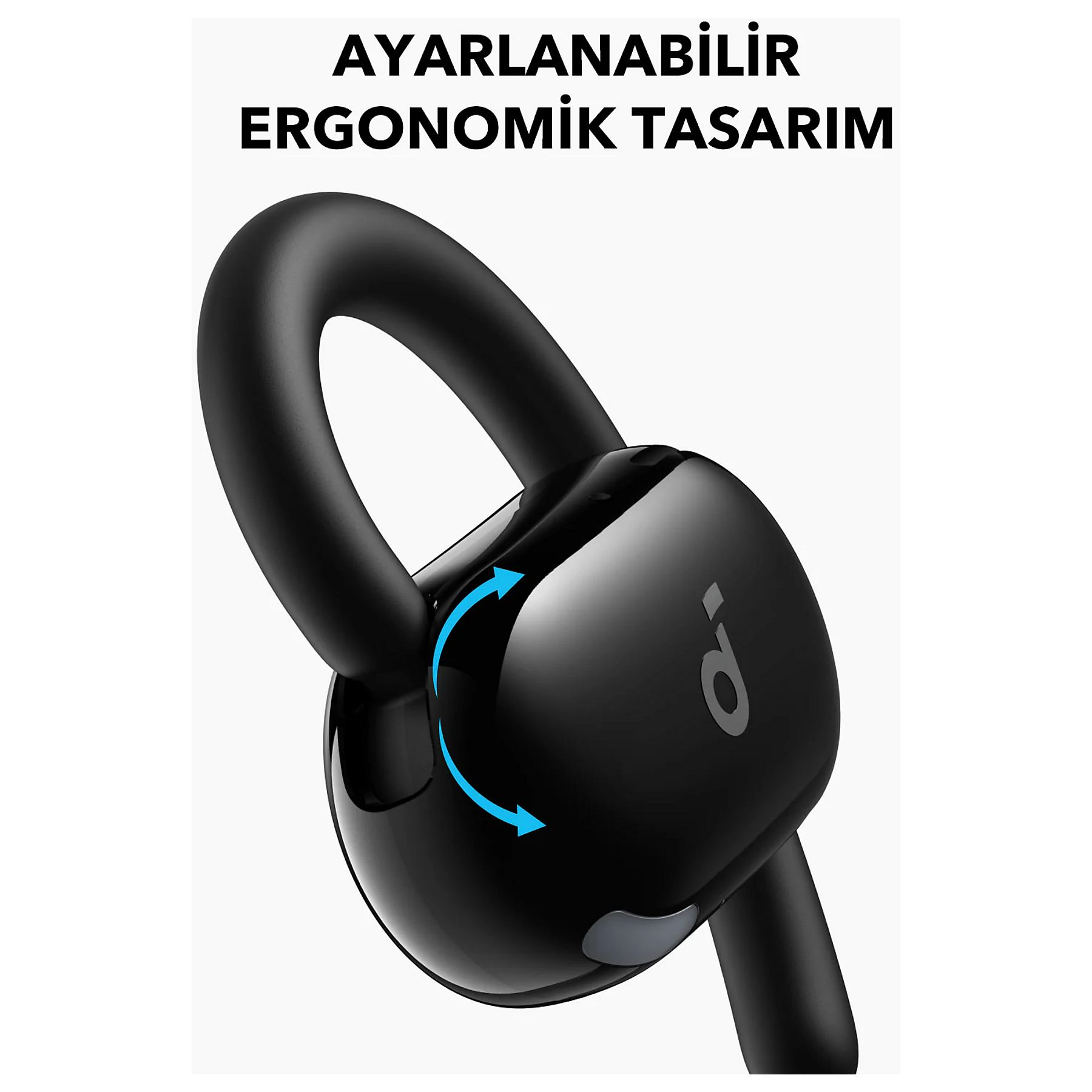 Auricolare wireless nero con frecce blu che indicano la regolazione.