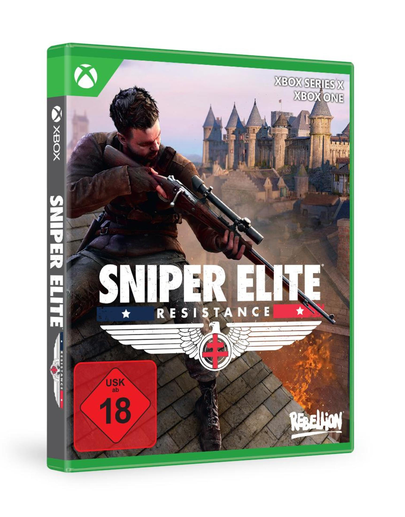 Sniper Elite Resistance Xbox Spielhülle mit Scharfschütze, Burg und Feuer.
