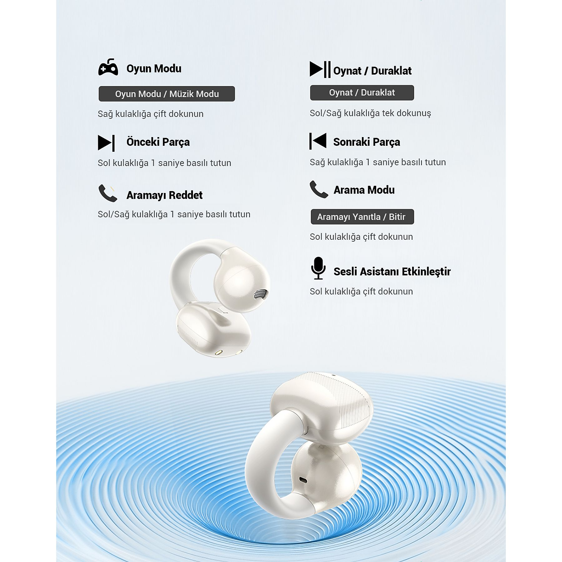 Białe słuchawki bezprzewodowe z instrukcjami trybów gry, muzyki i rozmów.