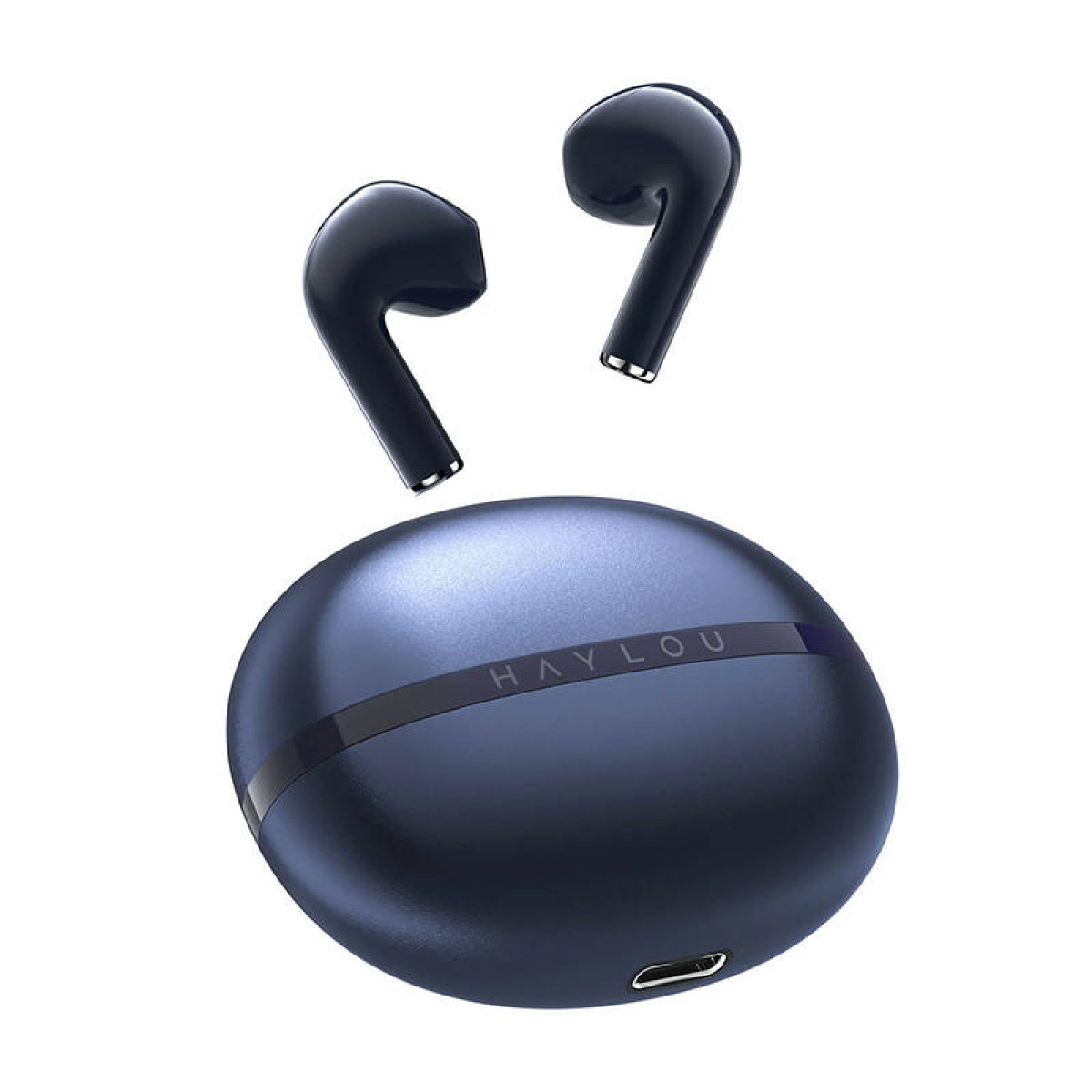 Auricolari wireless blu scuro con custodia di ricarica.