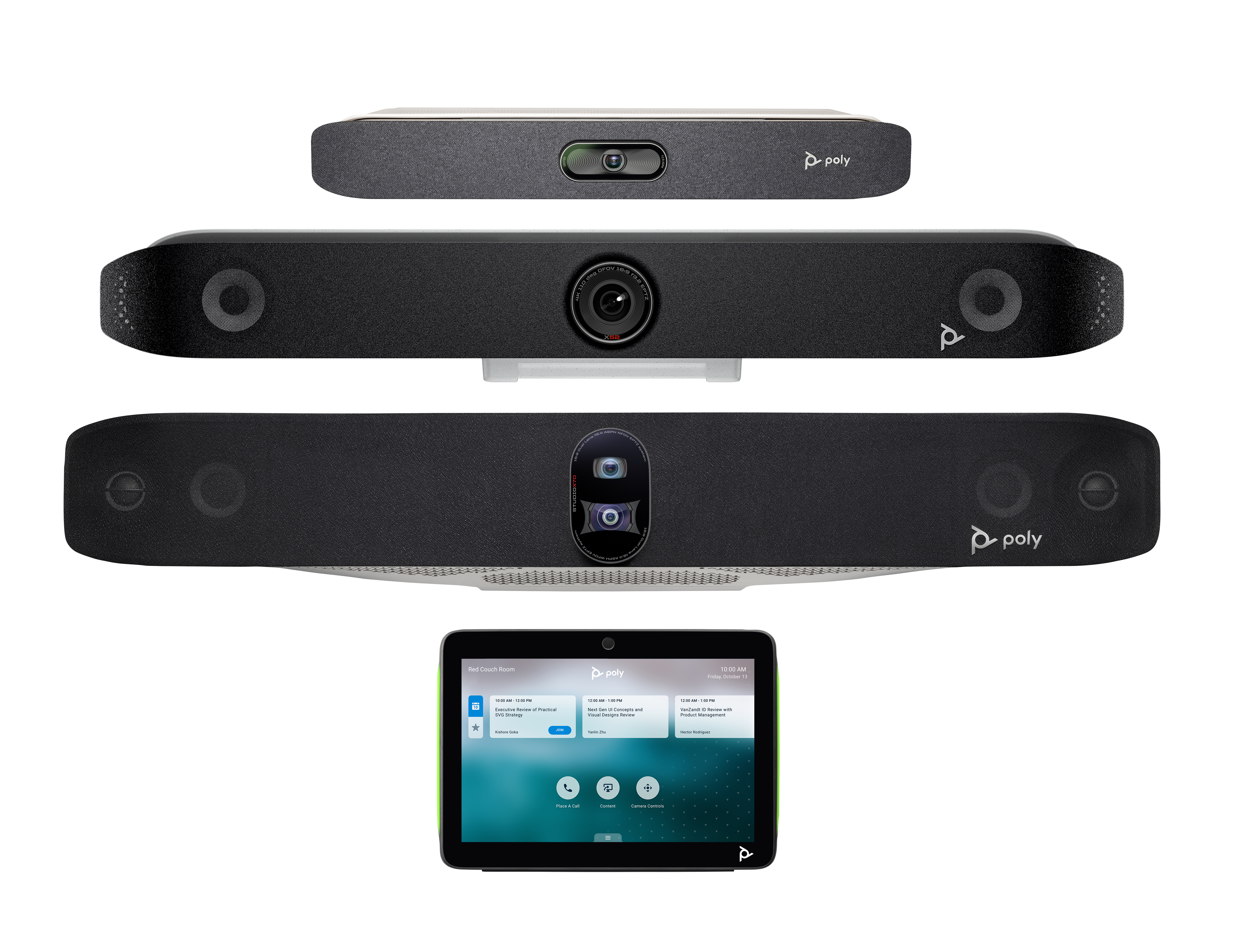 Tre dispositivi Poly per videoconferenza e un tablet touch screen.