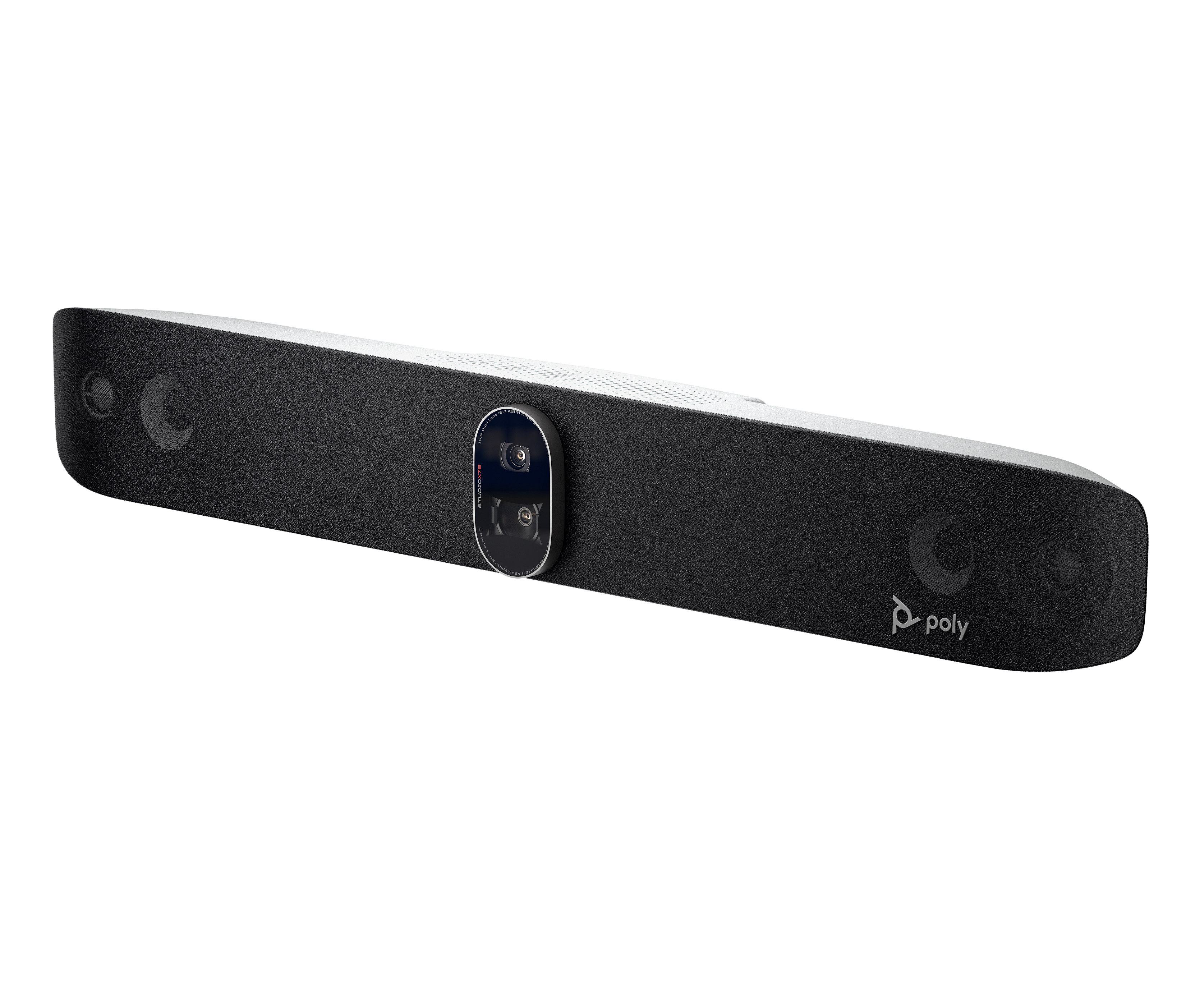Una barra per videoconferenze Poly Studio X50 nera con telecamera e altoparlanti.