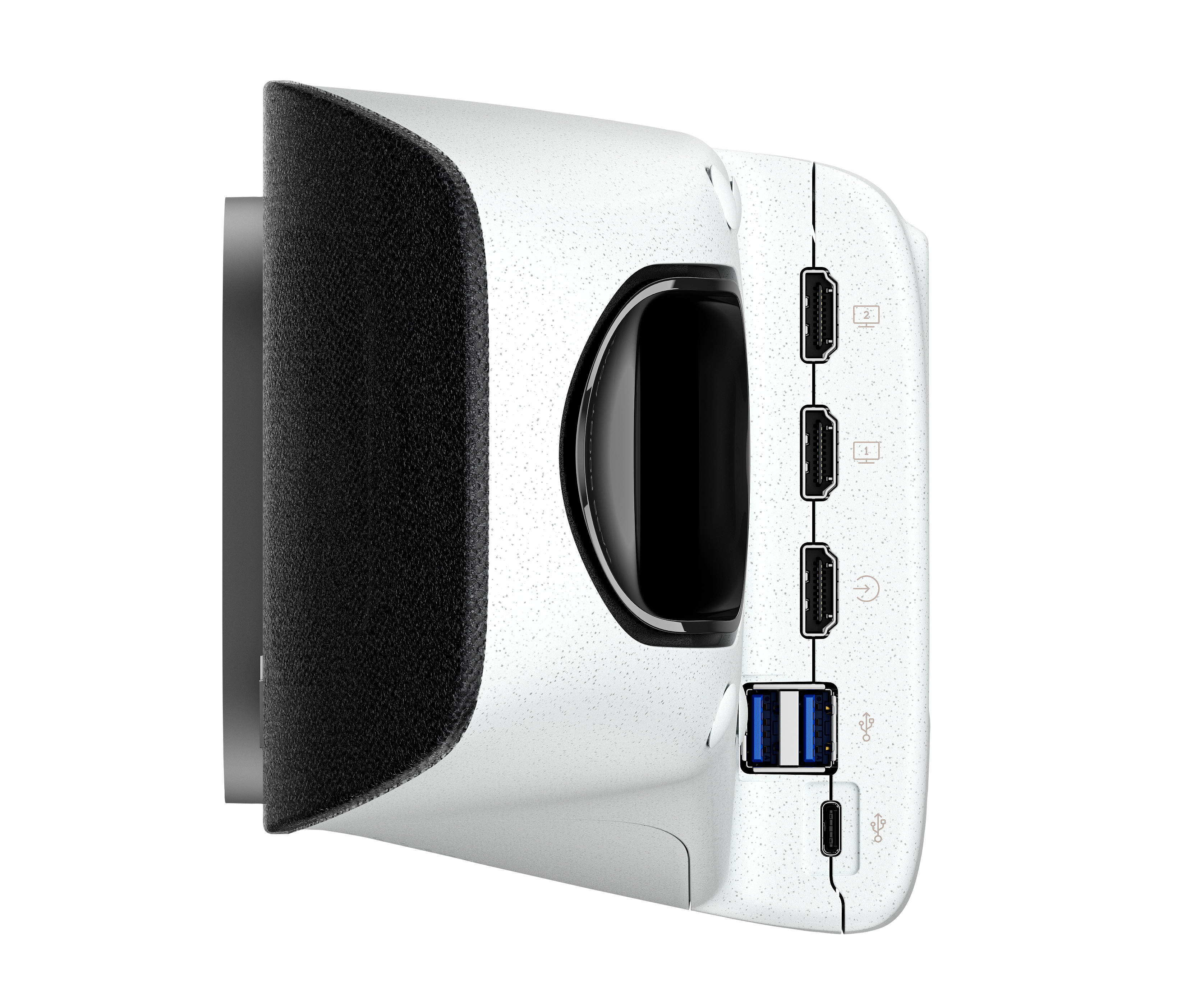 Un visore VR bianco con accenti neri e grigi e porte.