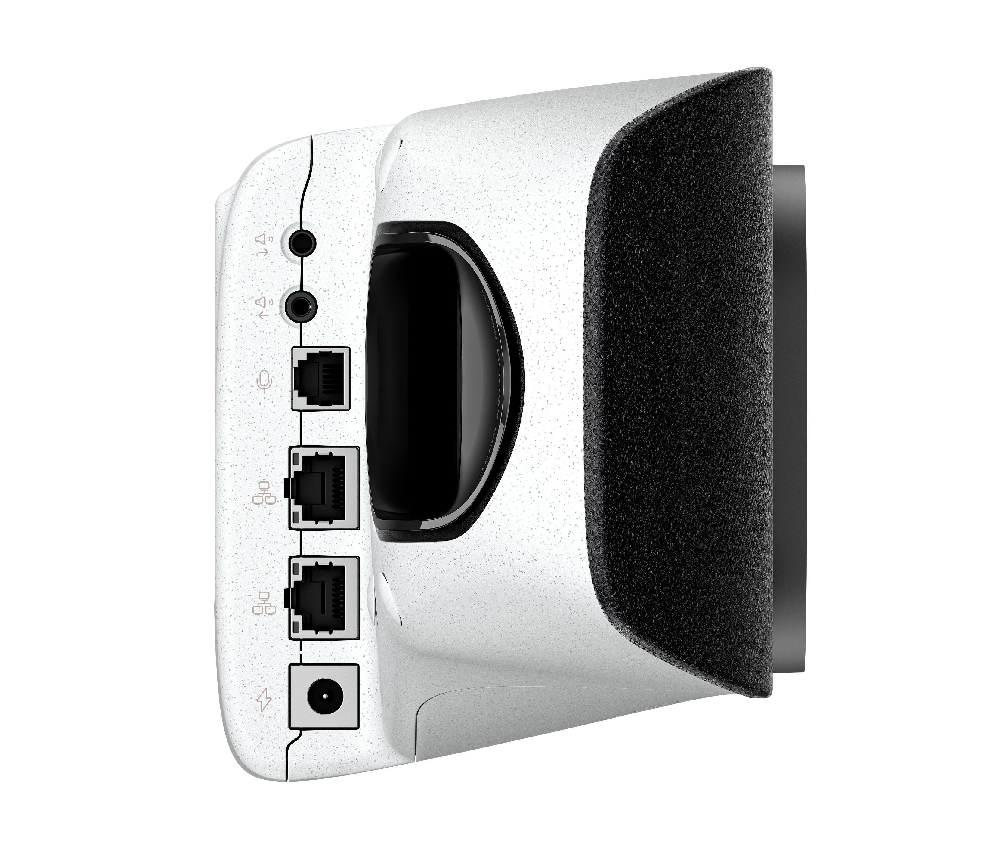 Un dispositivo bianco con porte nere e una sezione altoparlante nera.