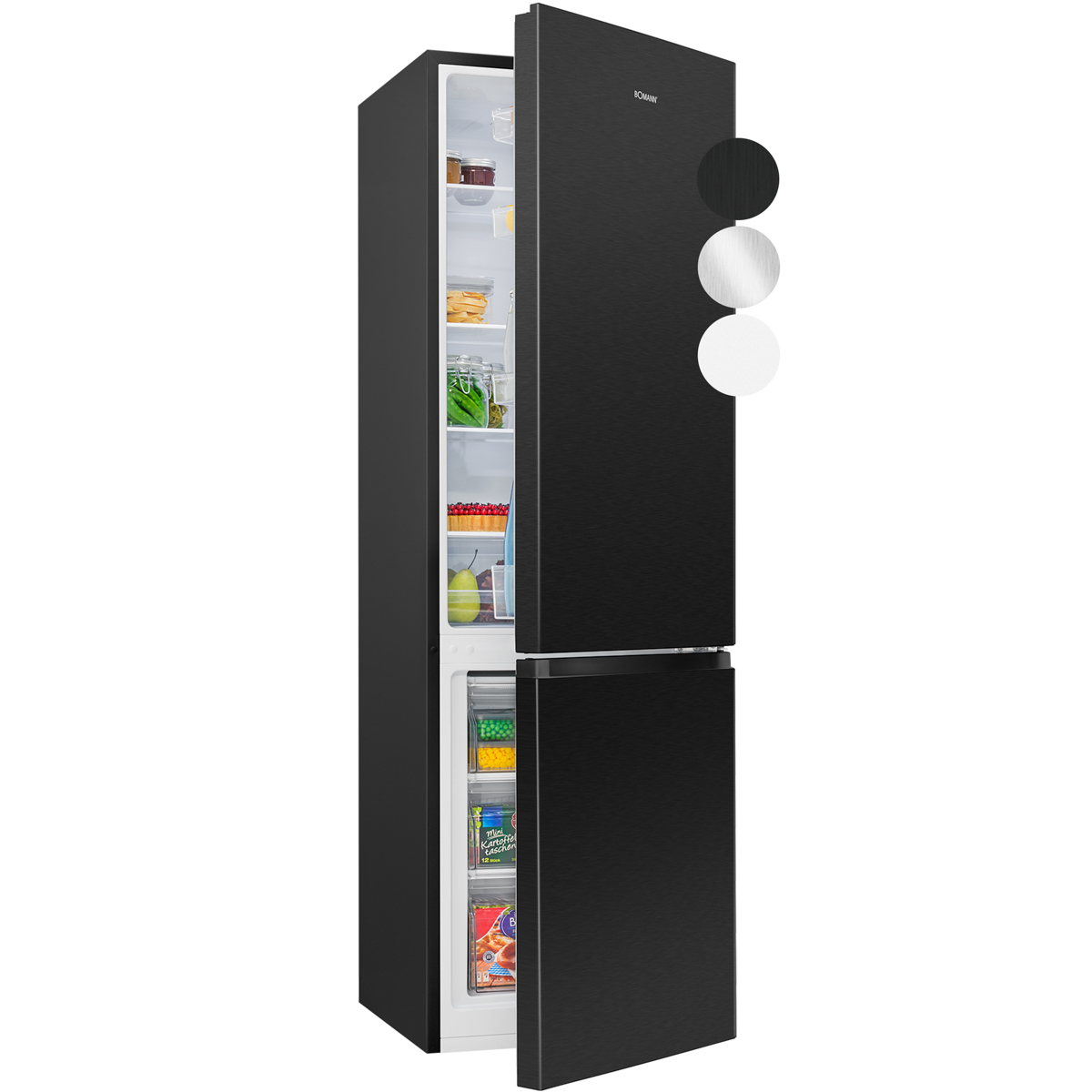 Refrigerador negro con puerta abierta, lleno de comida. Opciones de color al lado.