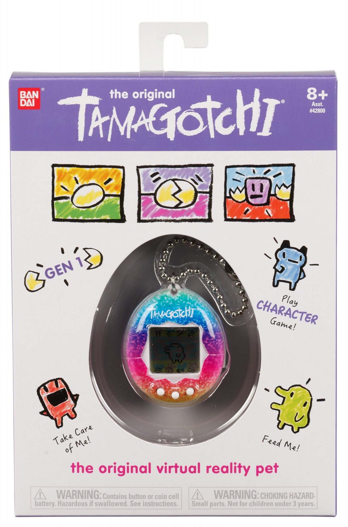 Confezione Tamagotchi con animale domestico digitale, istruzioni e avvertenze.