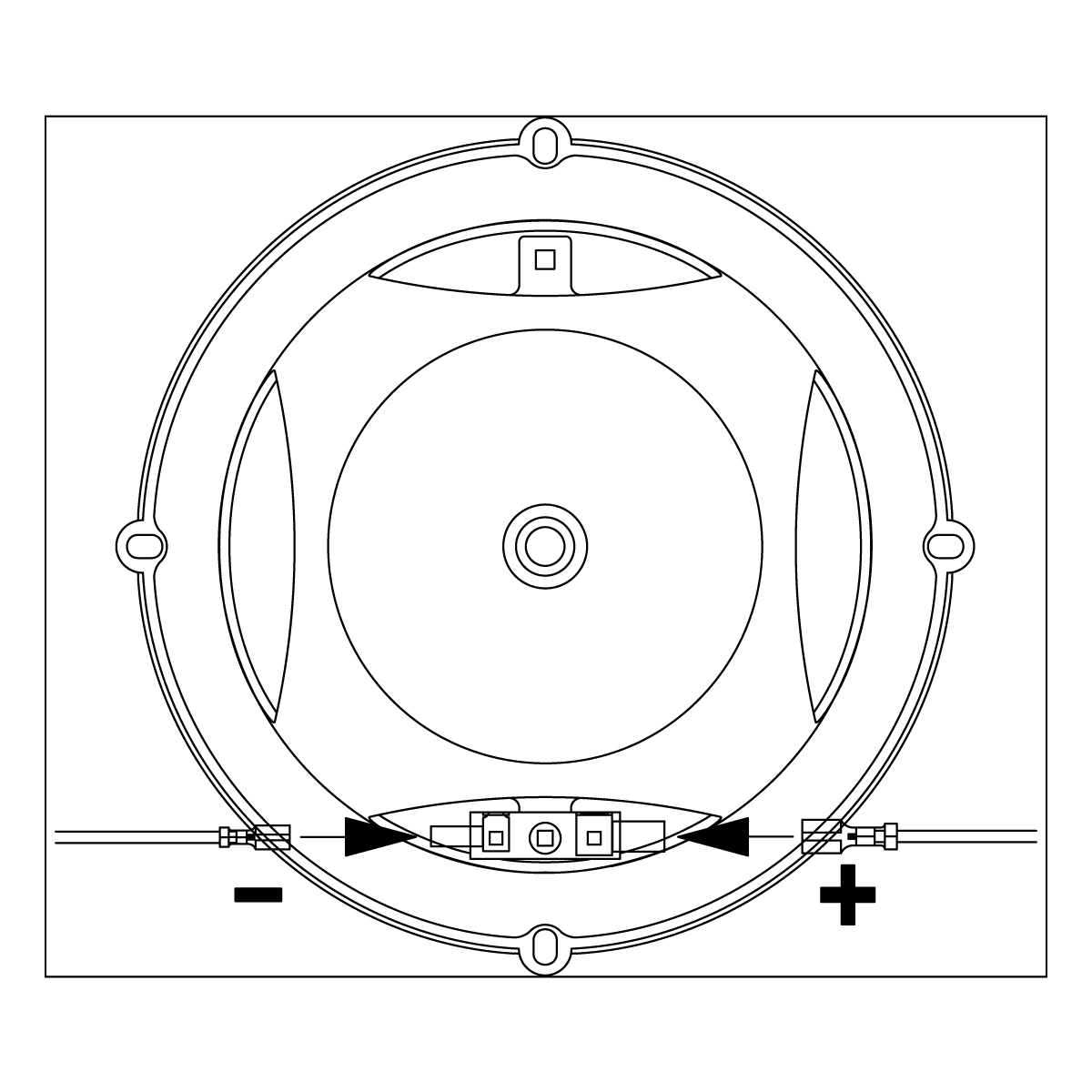Disegno tecnico di un altoparlante con connettori e marcature di polarità (+/-).