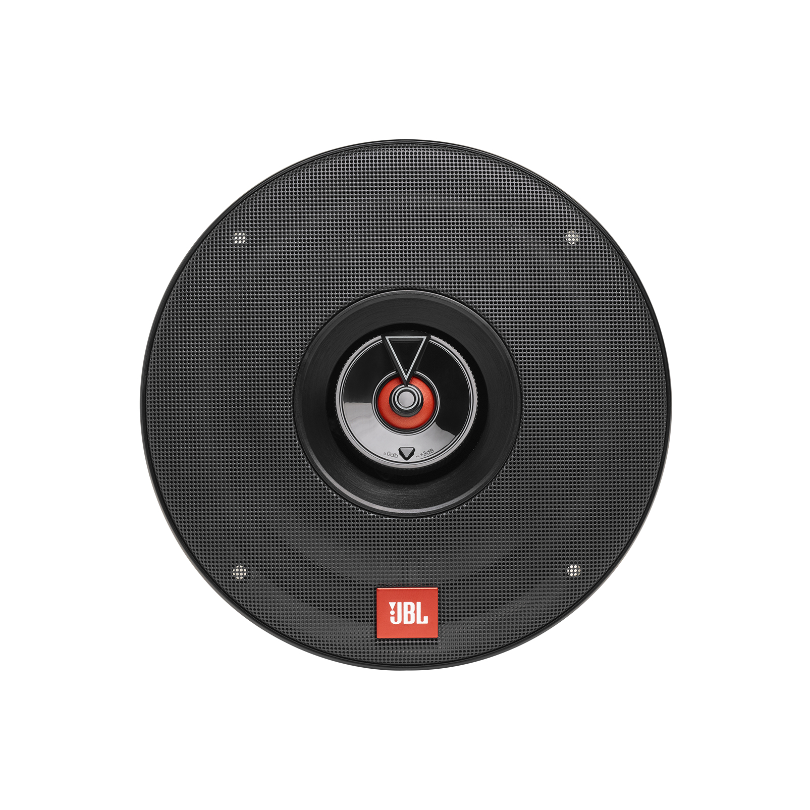 Altoparlante JBL rotondo nero con accento rosso al centro e griglia.