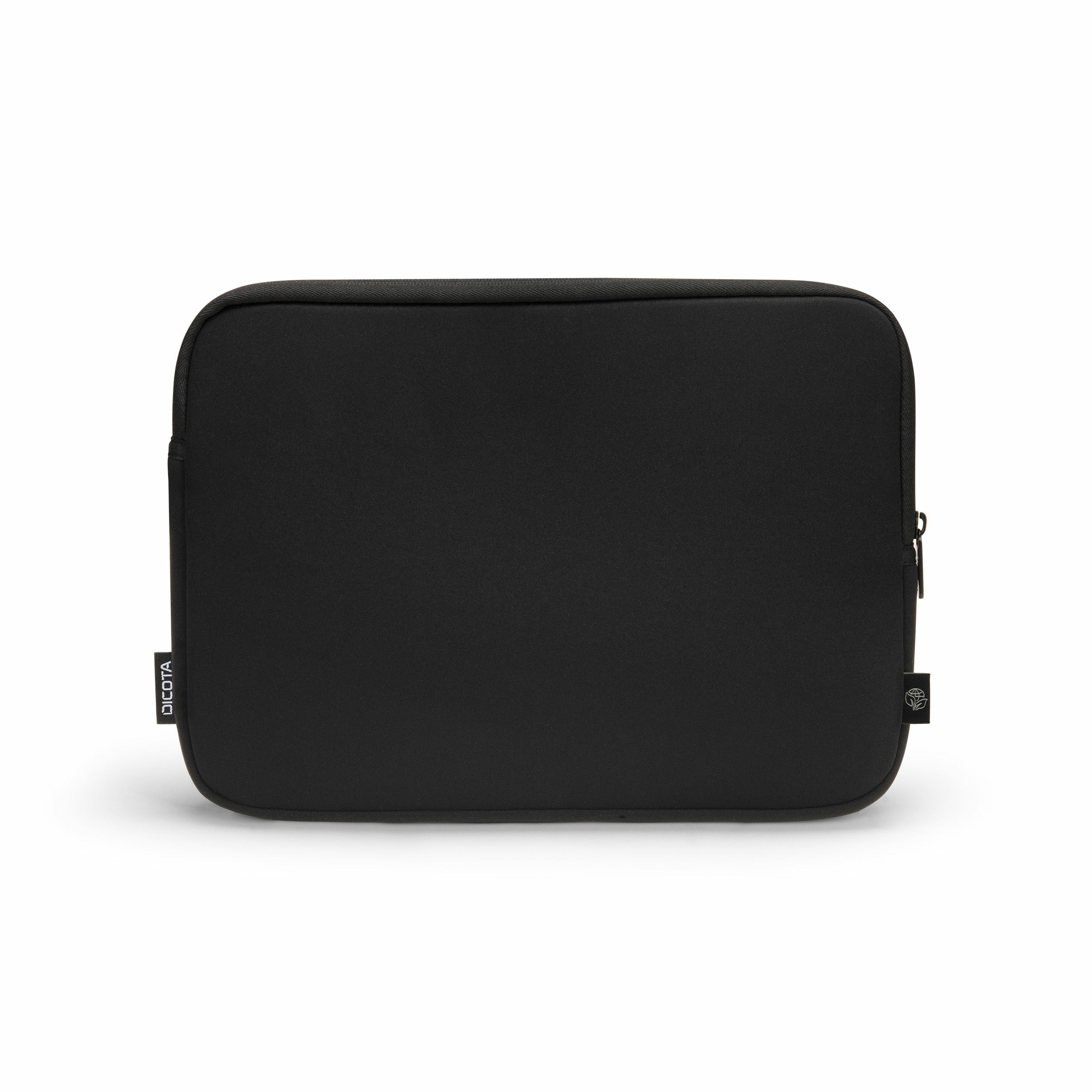 Custodia nera per laptop con cerniera e logo del marchio.