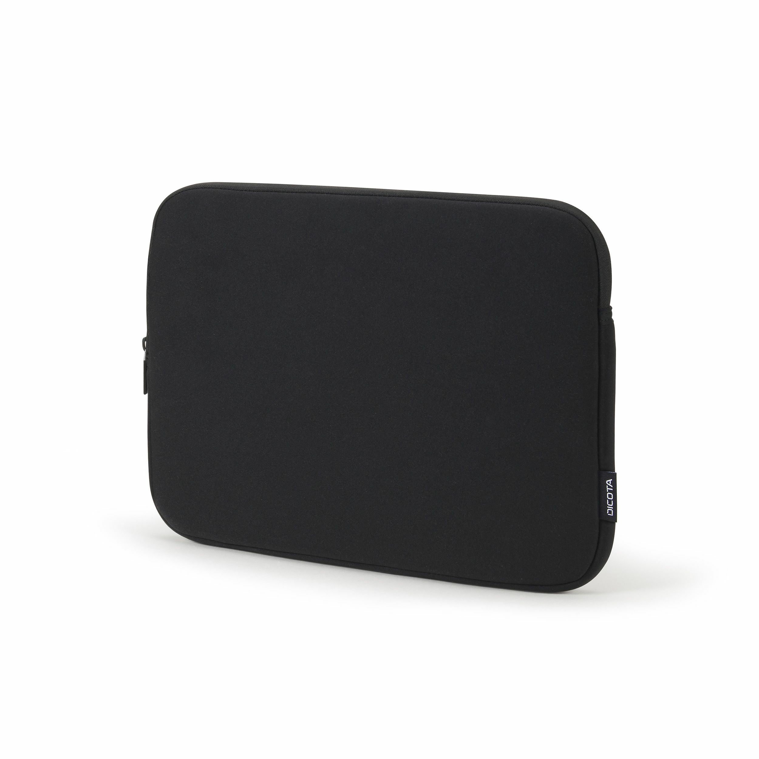 Custodia nera per laptop con cerniera e logo su sfondo bianco.