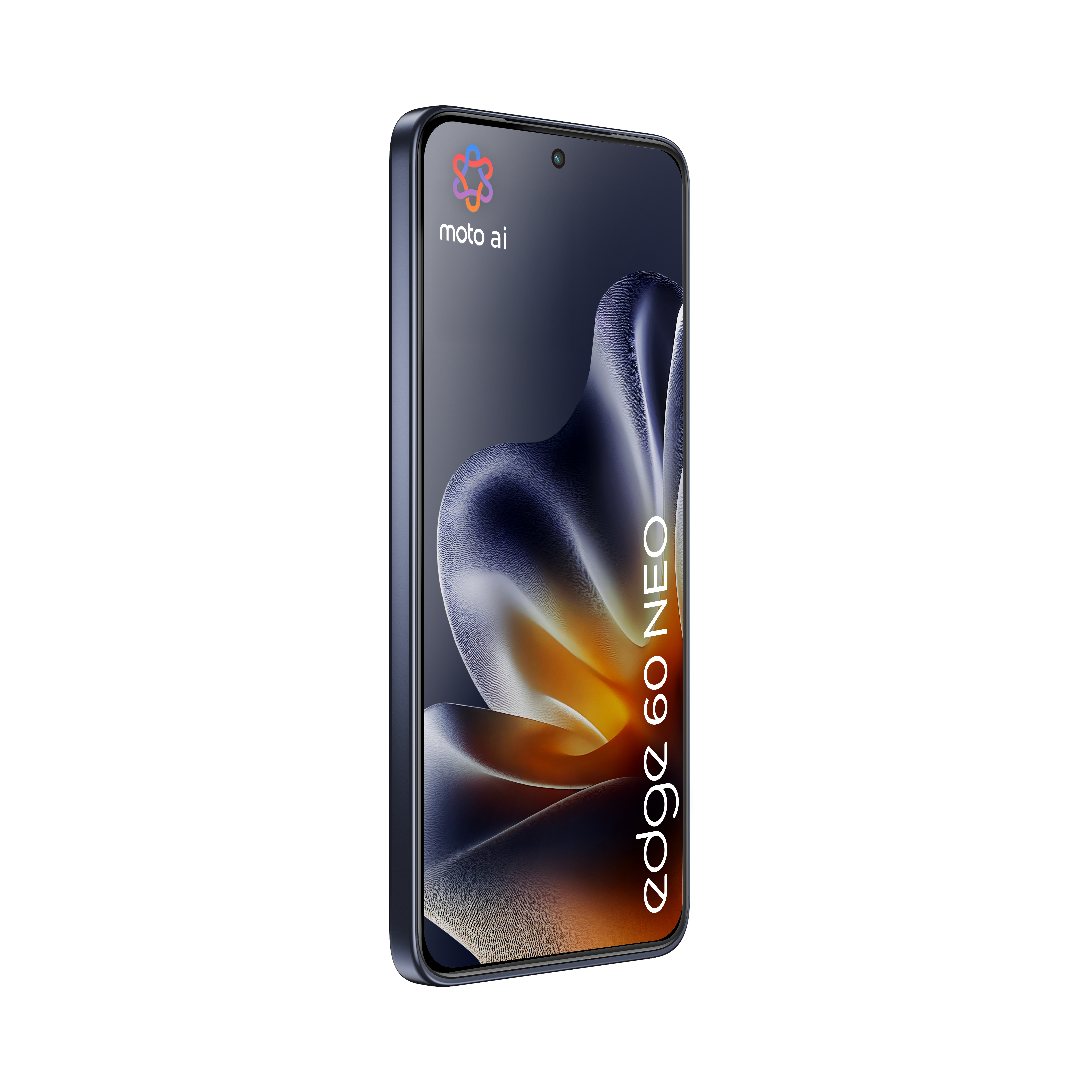 Ciemnoniebieski smartfon Moto z napisem "edge 60 NEO" i abstrakcyjnym wzorem.