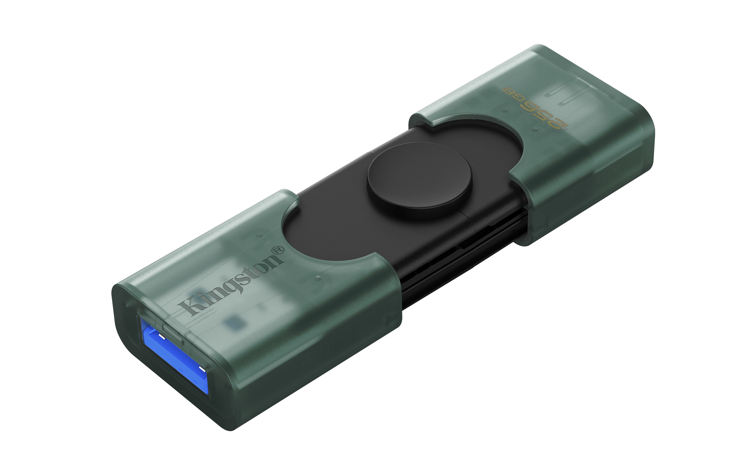 Ein grüner Kingston USB-Stick mit 256 GB Kapazität liegt auf weißem Hintergrund.