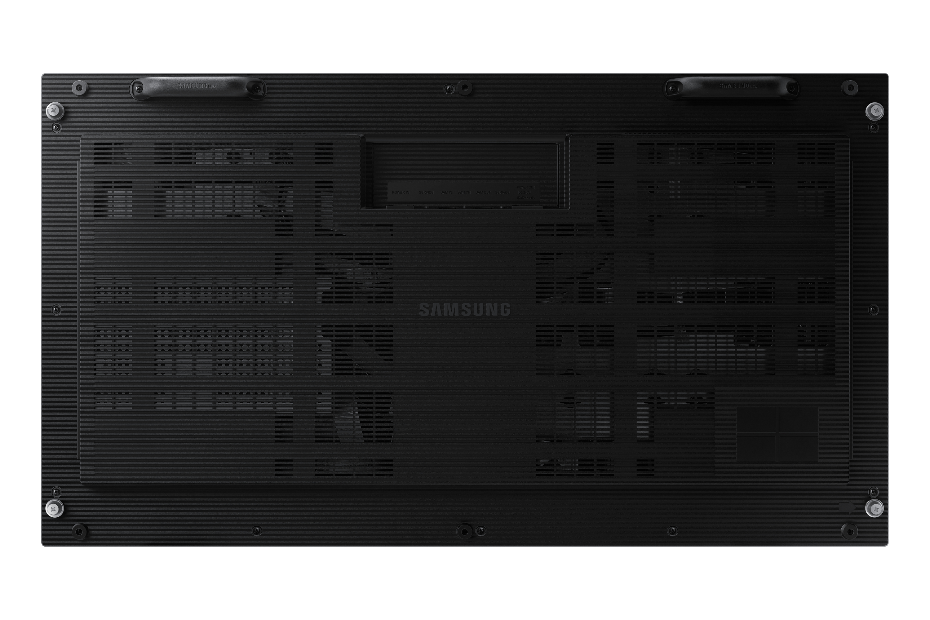 Vista posteriore di un display LED Samsung nero con maniglie, prese d'aria e porte.