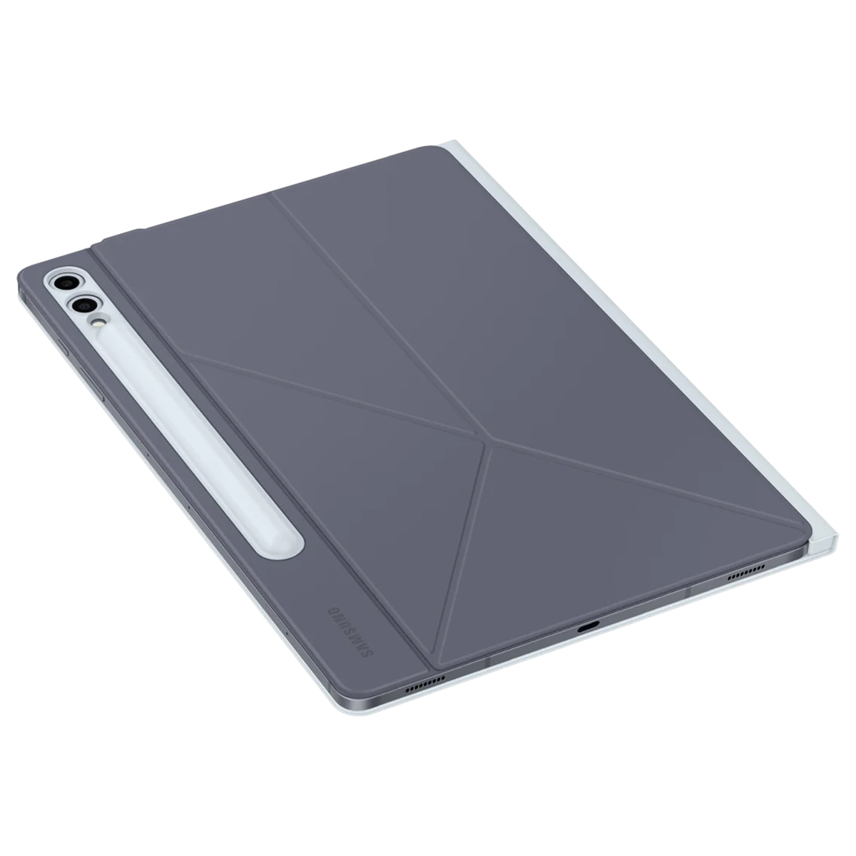 Custodia grigia per tablet con portapenne e design piegato.