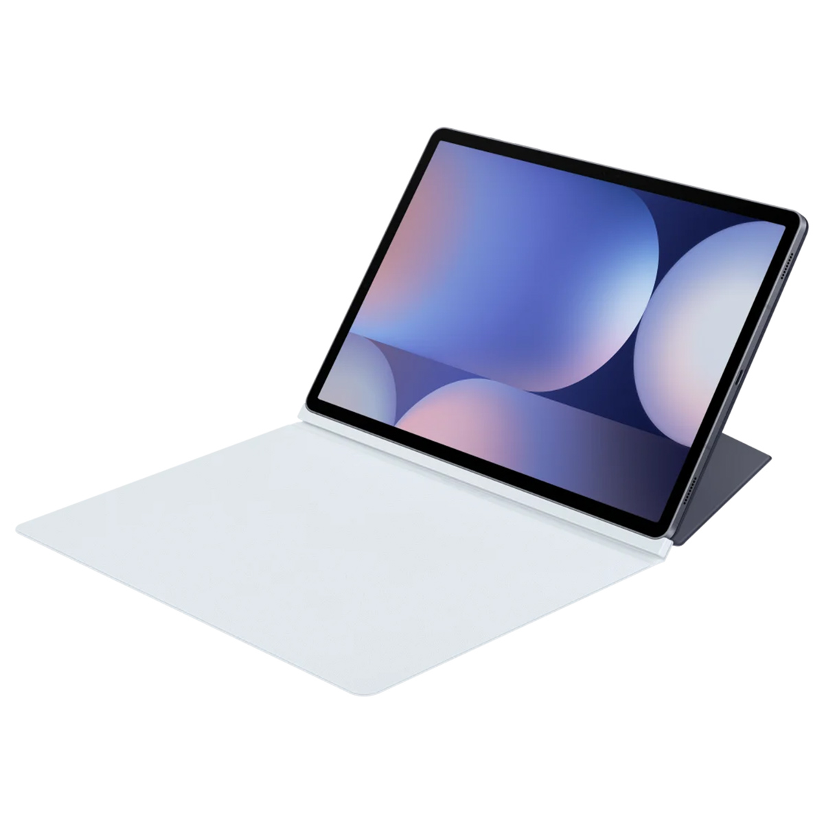 Un tablet aperto con tastiera bianca e sfondo blu-rosa.
