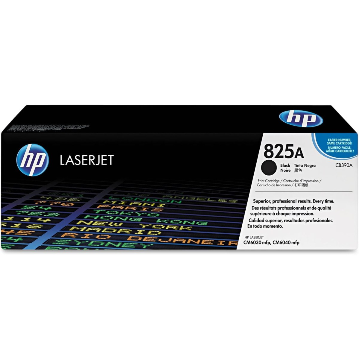 Czarny toner HP 825A z logo LaserJet i nazwami miast.