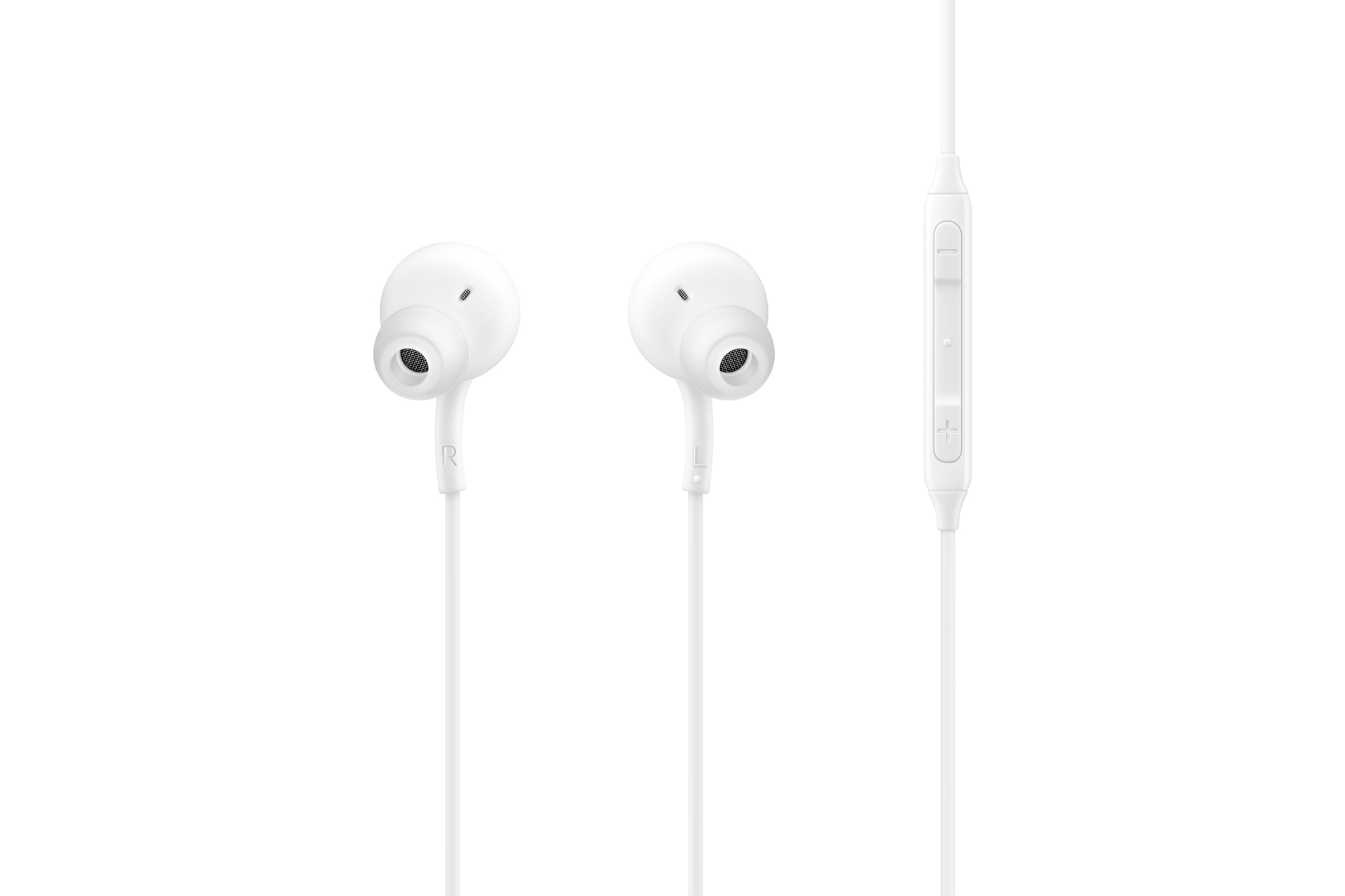 Weiße In-Ear-Kopfhörer mit Fernbedienung und Mikrofon auf weißem Hintergrund.
