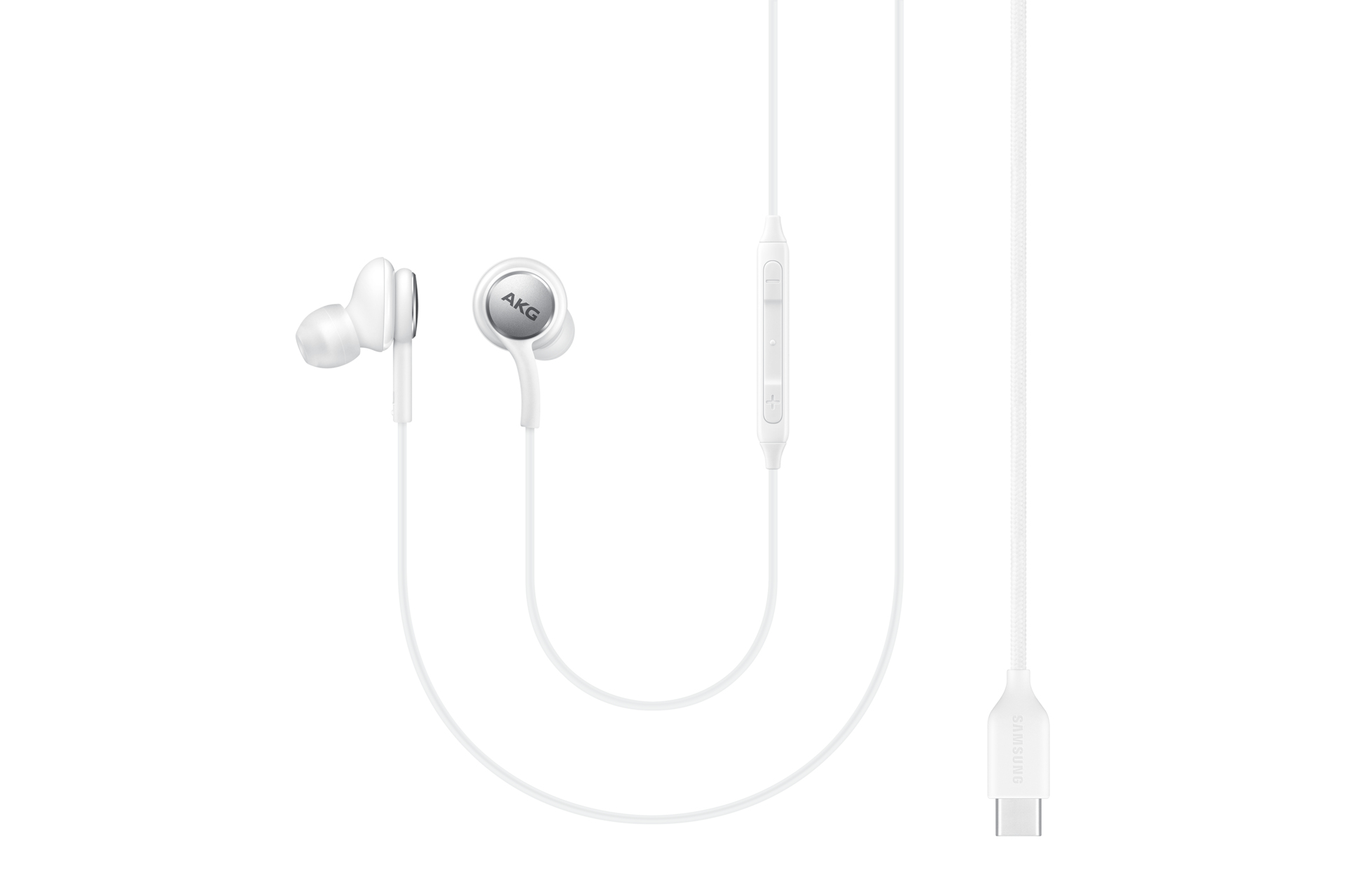 Weiße AKG-Kopfhörer mit USB-C-Anschluss und Fernbedienung.