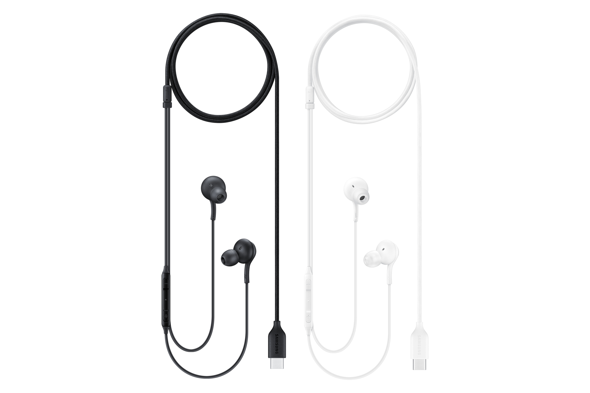 Zwei Paar Ohrhörer, schwarz und weiß, mit USB-C-Anschlüssen.