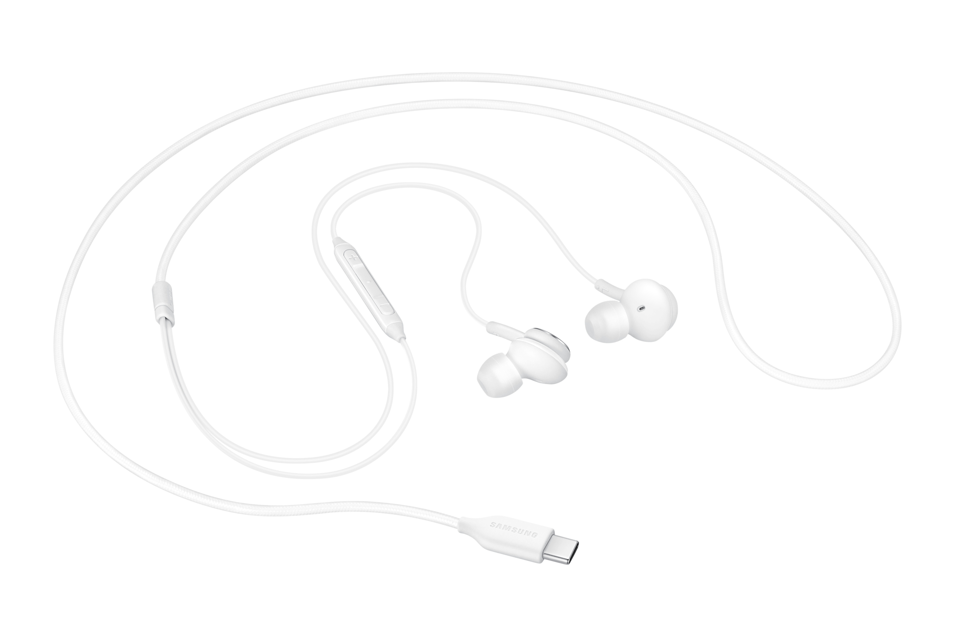 Weiße Samsung-Kopfhörer mit USB-C-Anschluss und In-Ear-Stöpseln.