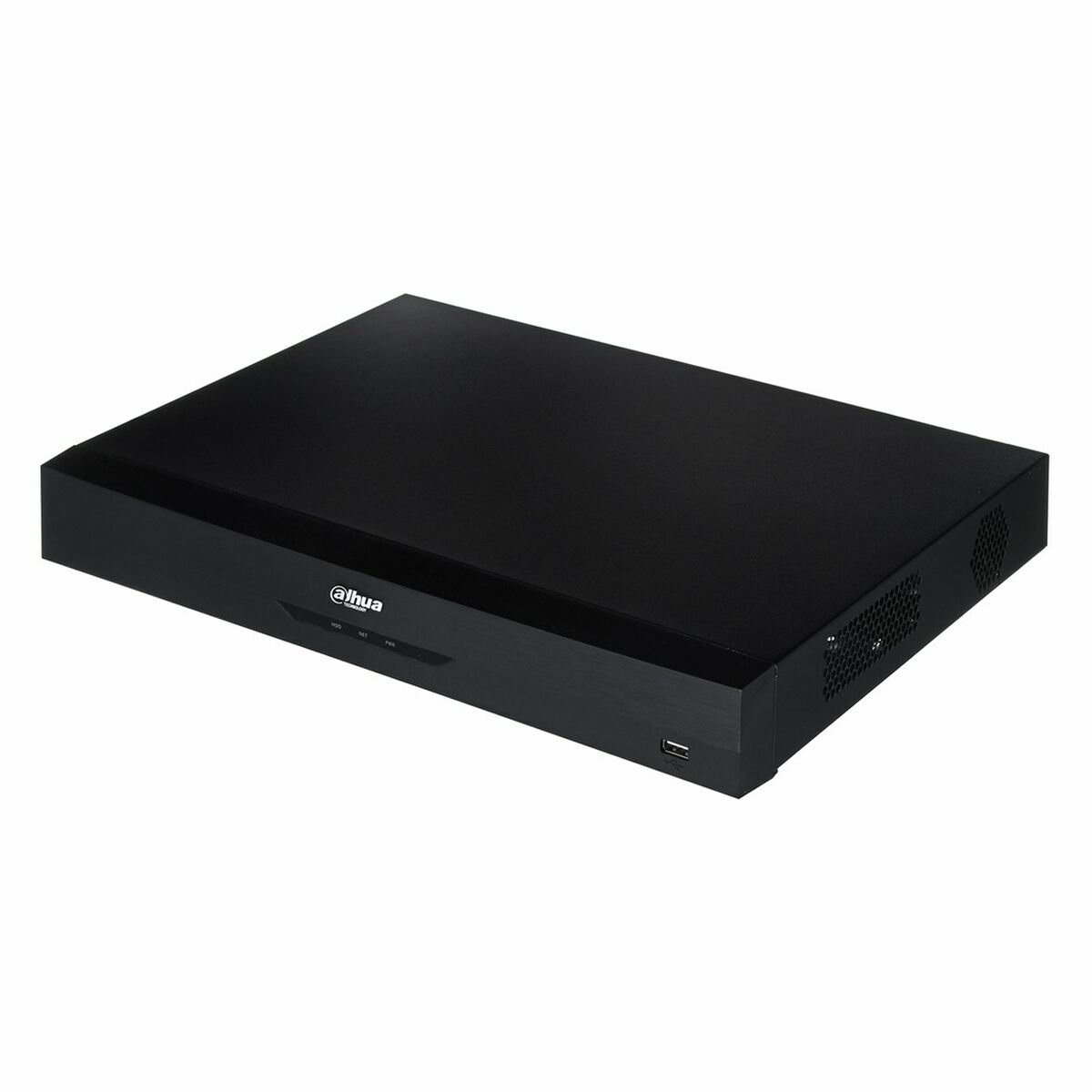 Un DVR nero con fessure di ventilazione e porta USB.