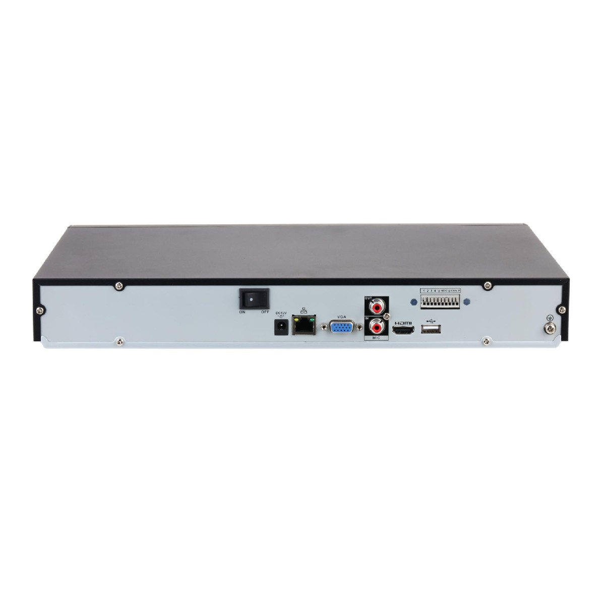 Retro DVR con interruttore, porte di alimentazione, Ethernet, VGA, HDMI, USB.