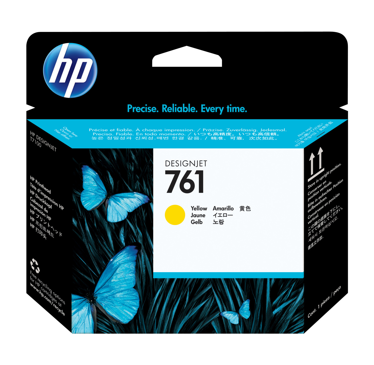 Cartuccia d'inchiostro HP 761 gialla con disegno di farfalla blu.
