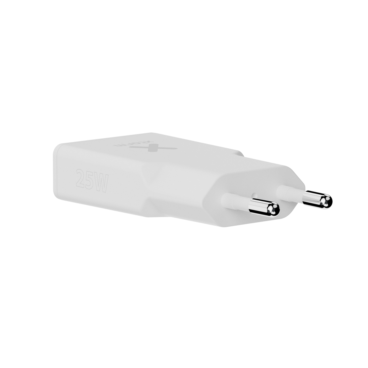Un alimentatore bianco da 25W con due pin metallici.