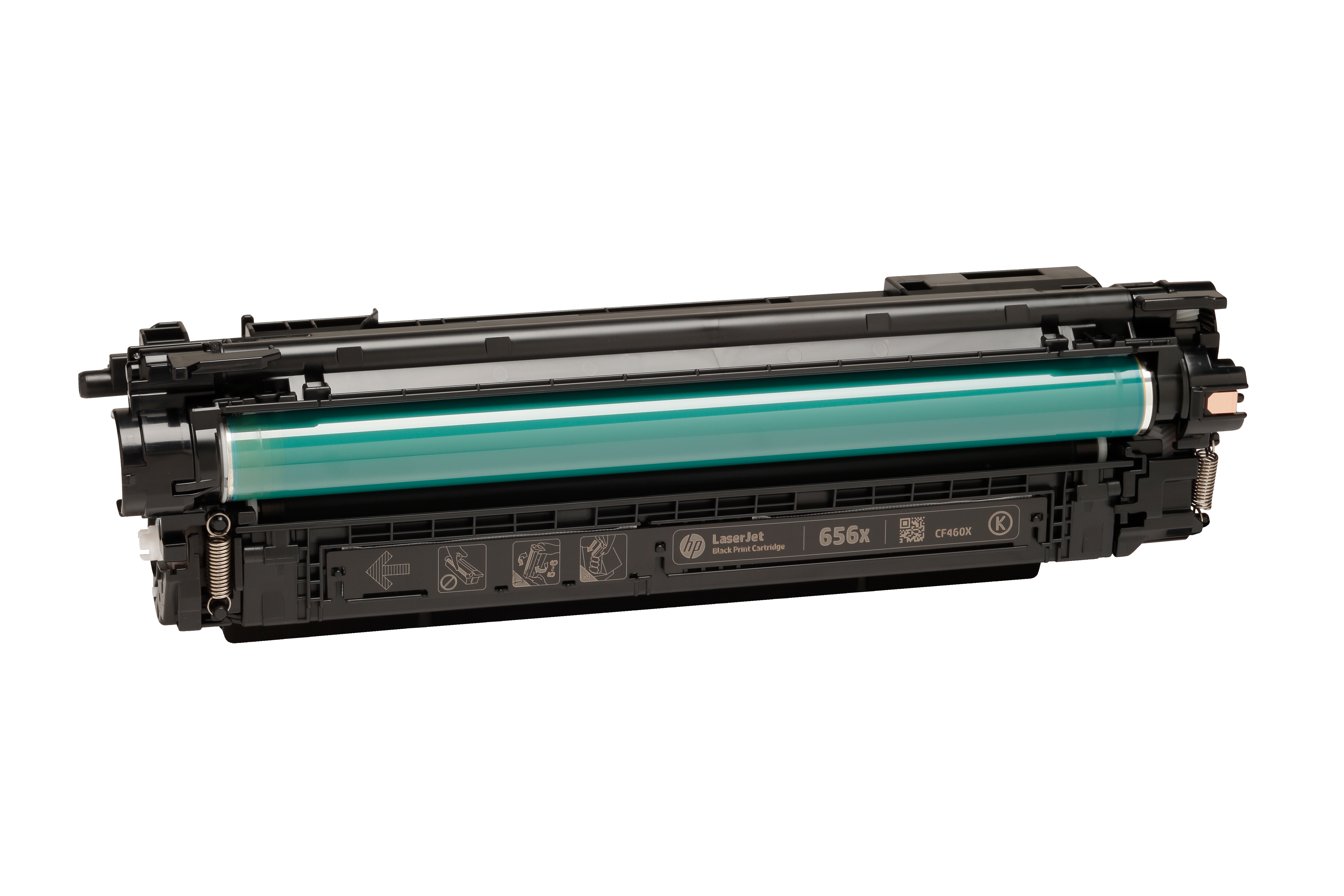 Czarny toner HP LaserJet 656x z widocznym zielonym wałkiem bębna.
