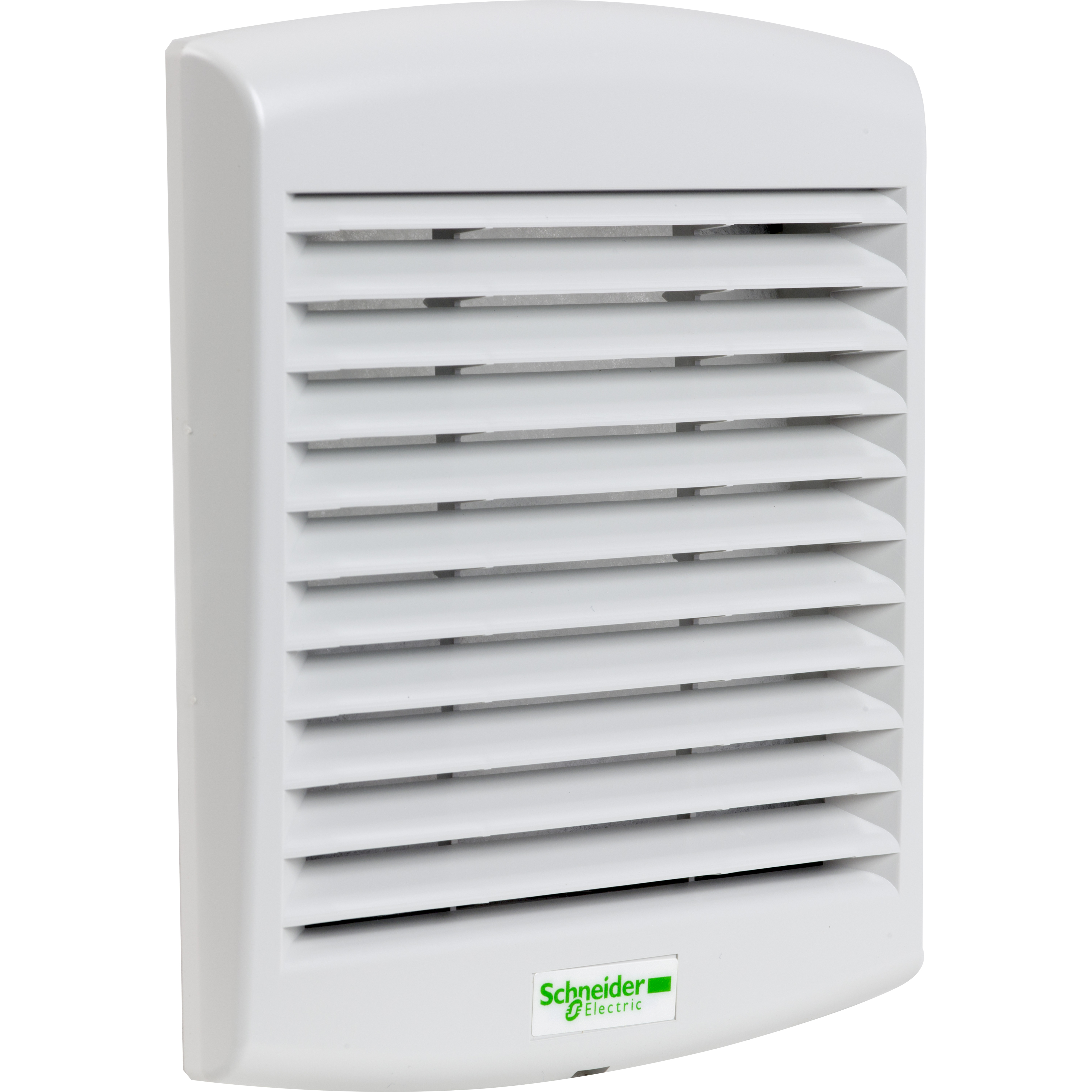 Una griglia di ventilazione bianca con lamelle orizzontali e logo Schneider Electric.