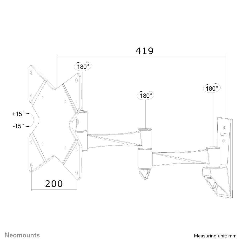 Disegno tecnico di un supporto a muro con dimensioni e angoli.