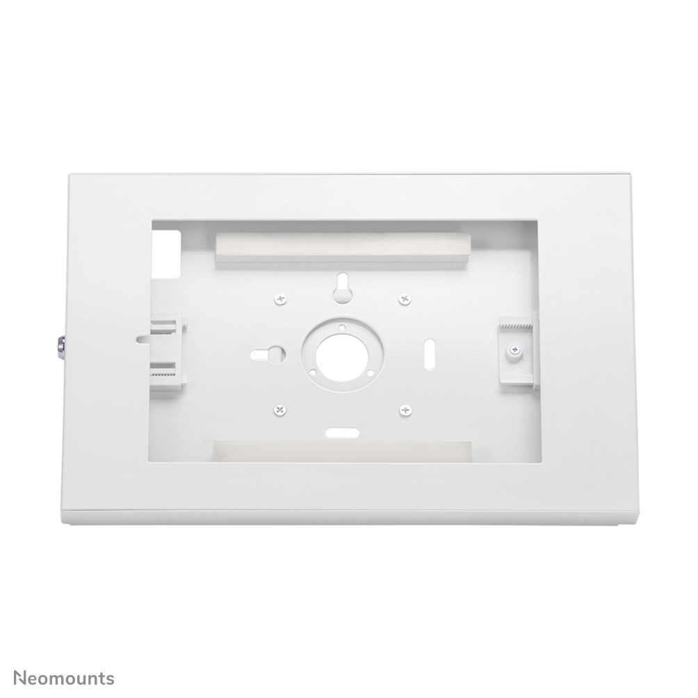 Una cornice bianca in metallo per il montaggio a parete con fori per viti e clip.