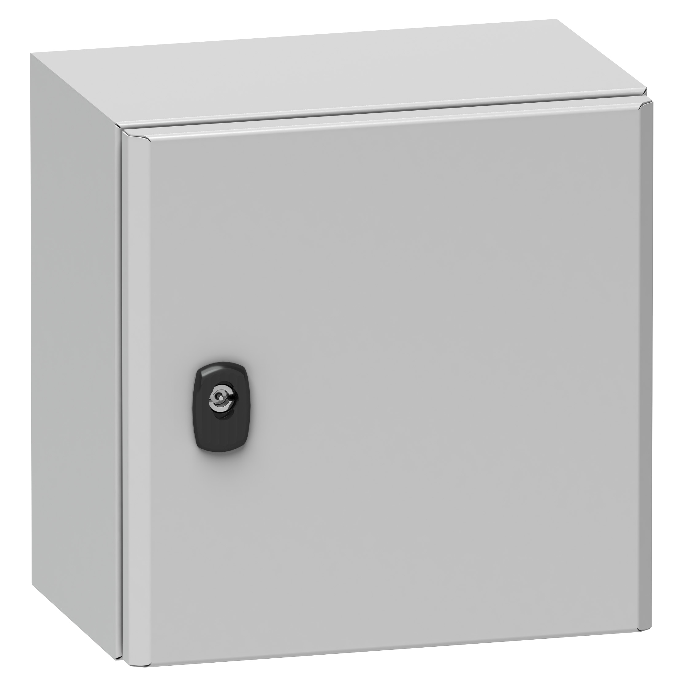 Un armadietto metallico grigio con una serratura nera sulla porta.