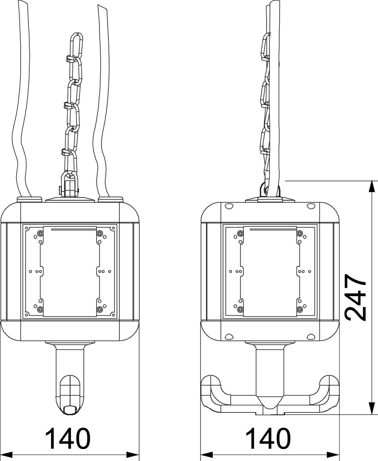 Disegno tecnico di un dispositivo con catena e dimensioni 140x247mm.