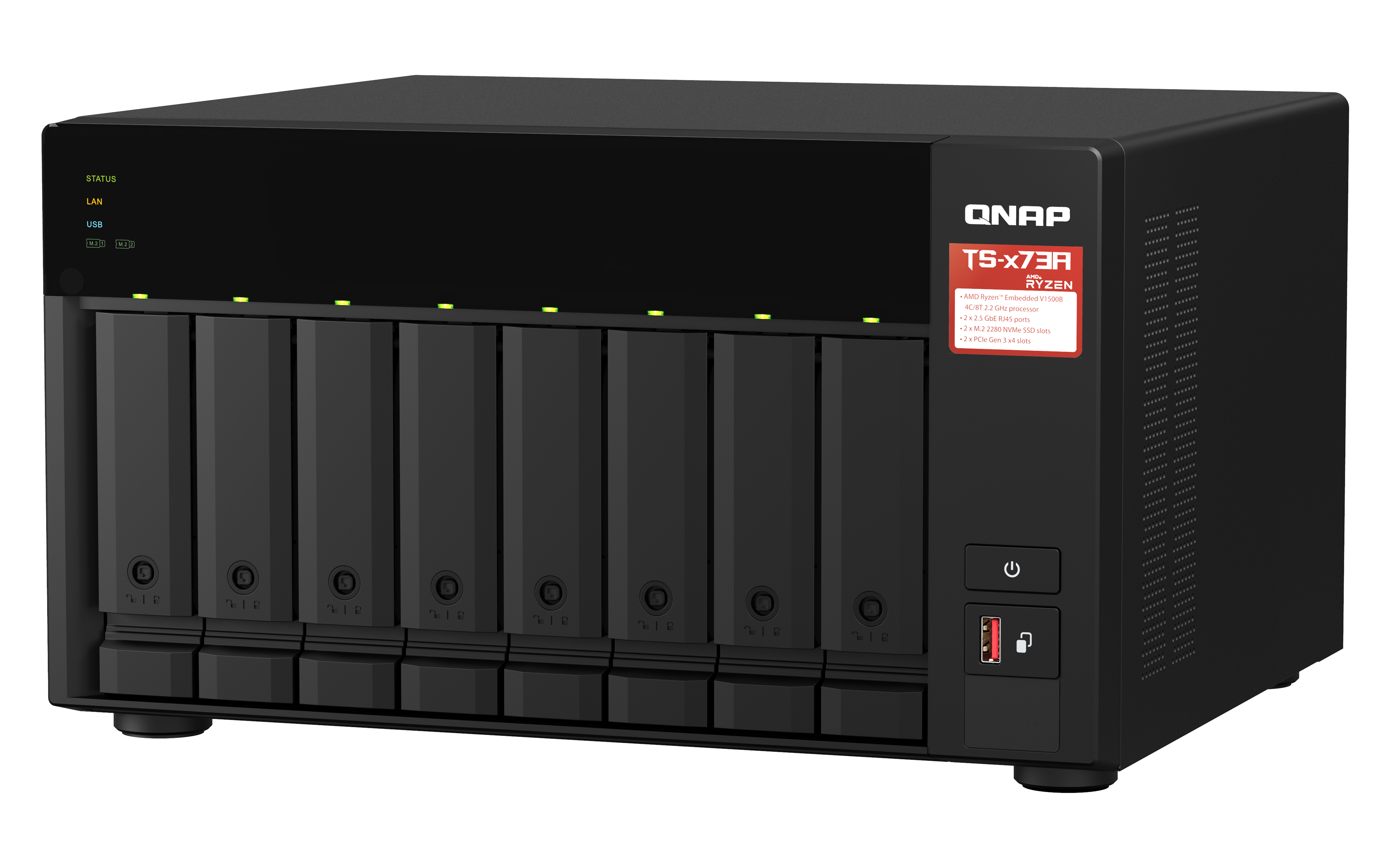 Sekiz disk yuvalı ve durum ışıkları olan siyah QNAP TS-x73A NAS.