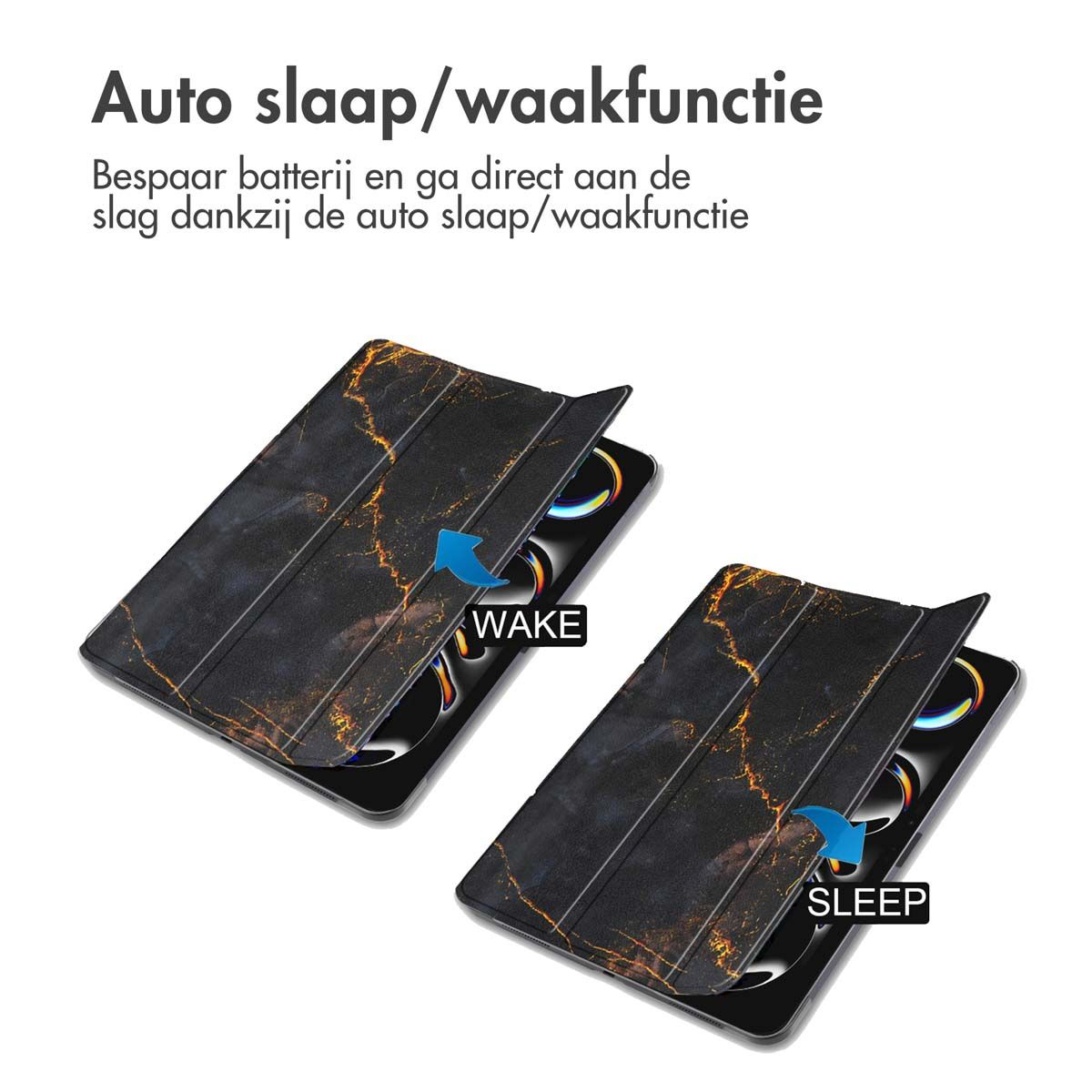 Twee tablet-hoesjes met marmerpatroon tonen "wakker" en "slaap"-modi.