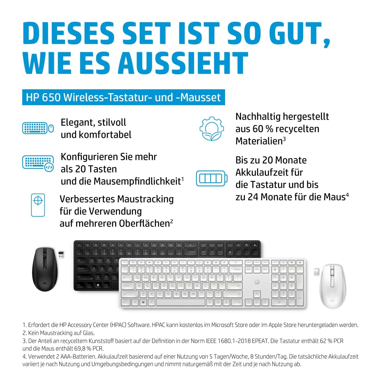 Clavier et souris sans fil HP 650 : Élégant, recyclé, longue autonomie.