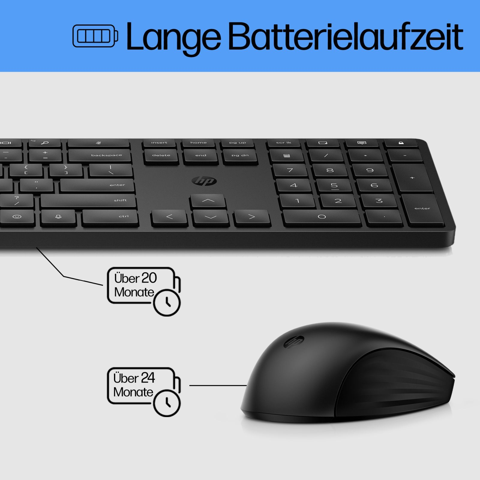 Clavier et souris HP noirs avec texte sur la longue durée de vie de la batterie.