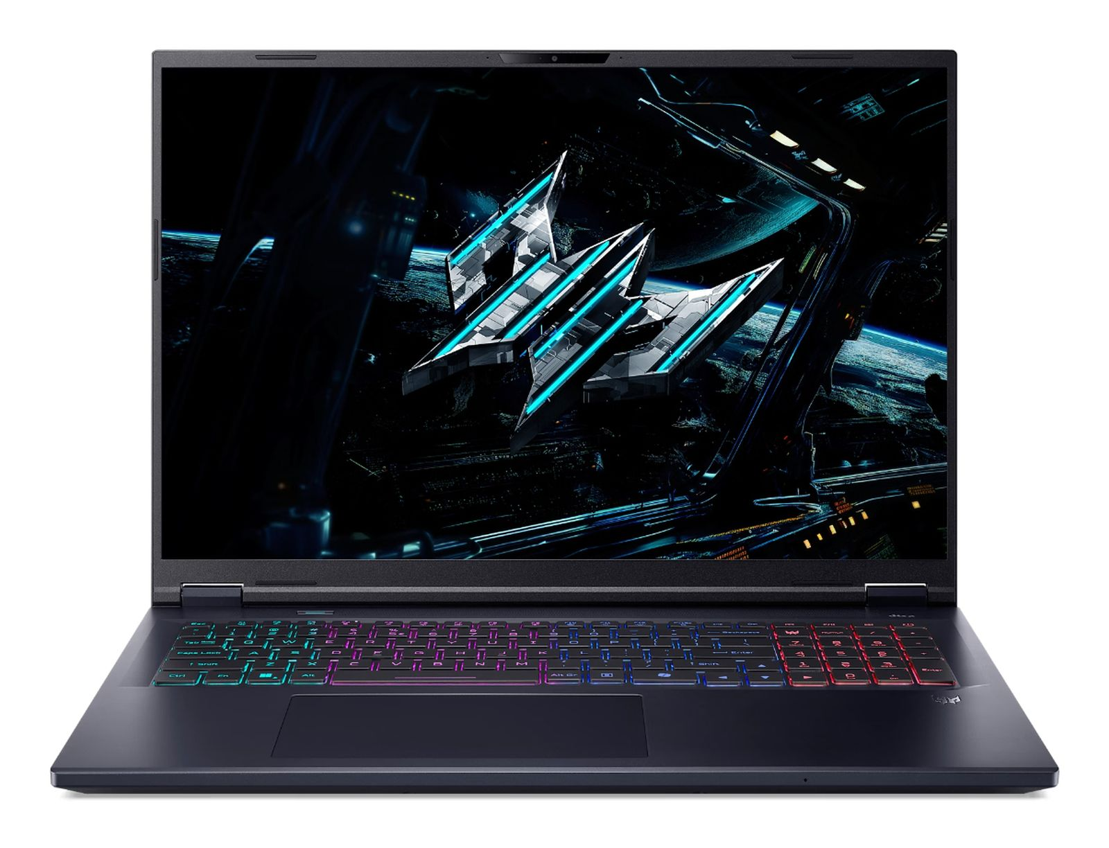 Ein Laptop mit beleuchteter Tastatur und futuristischem Hintergrundbild.
