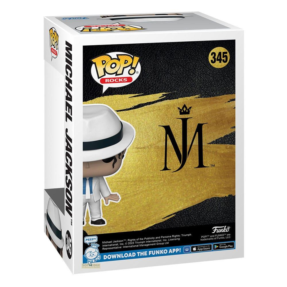 Funko Pop Michael Jackson con sombrero y traje sobre fondo dorado.