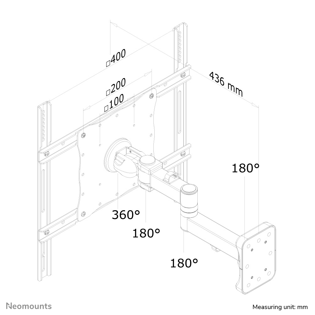 Disegno al tratto di un braccio per monitor Neomounts con dimensioni e angoli.
