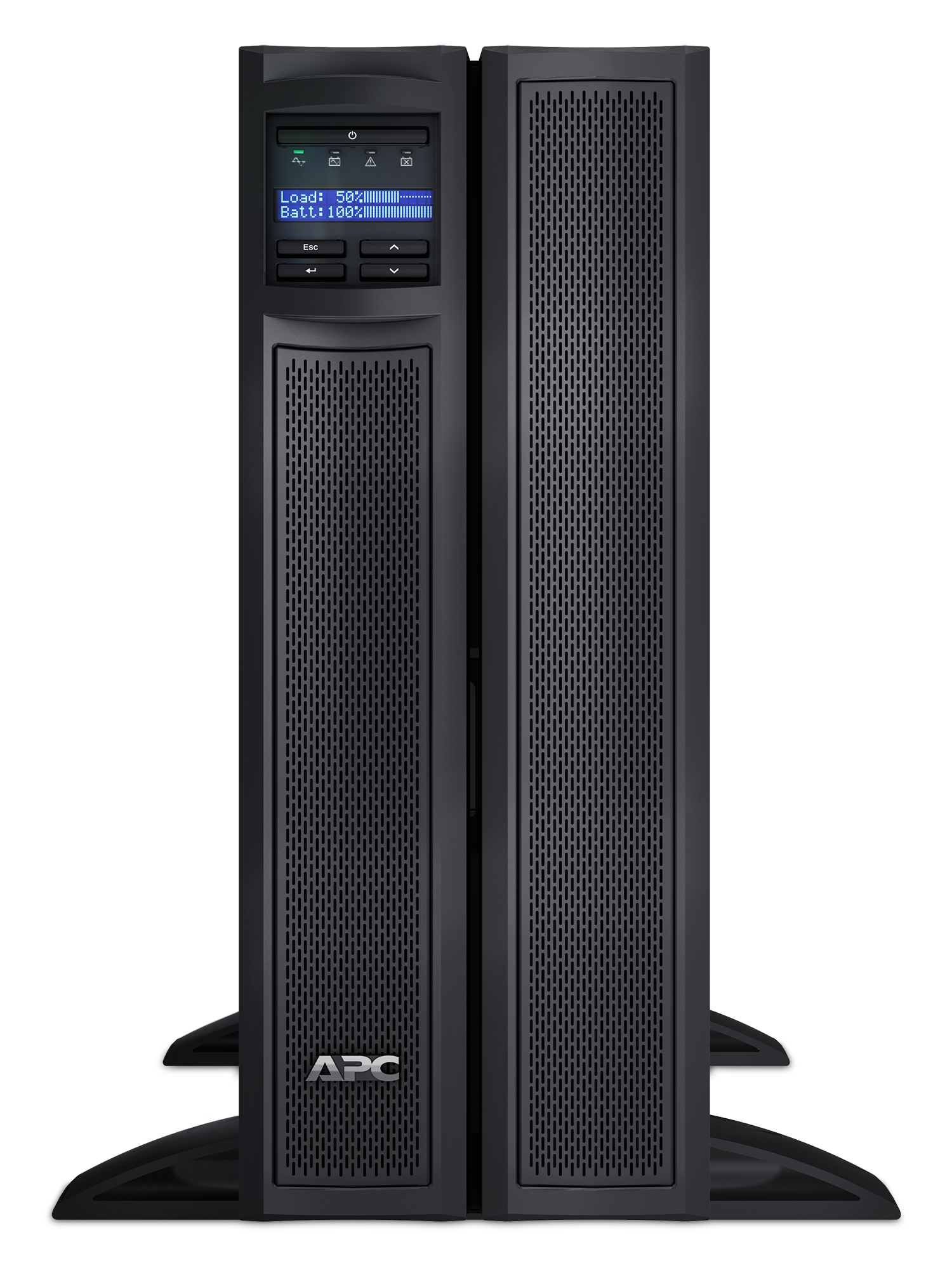 Due unità UPS APC nere affiancate con schermo LCD e griglia di ventilazione.