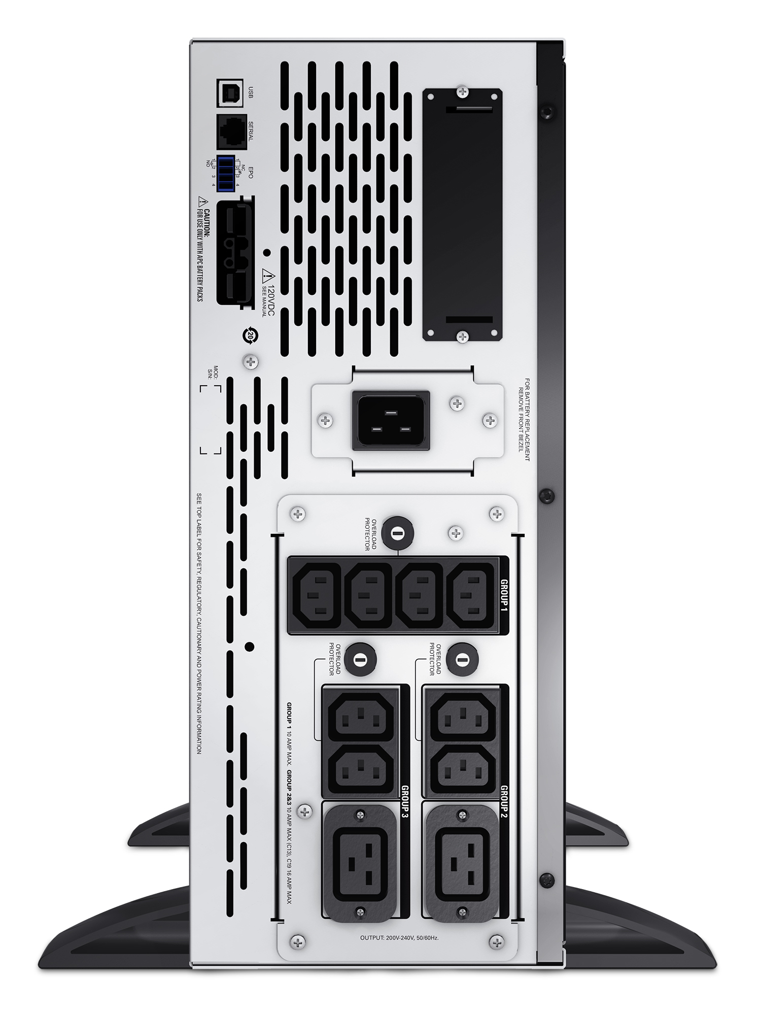 Retro di un UPS nero e bianco con varie porte e prese.