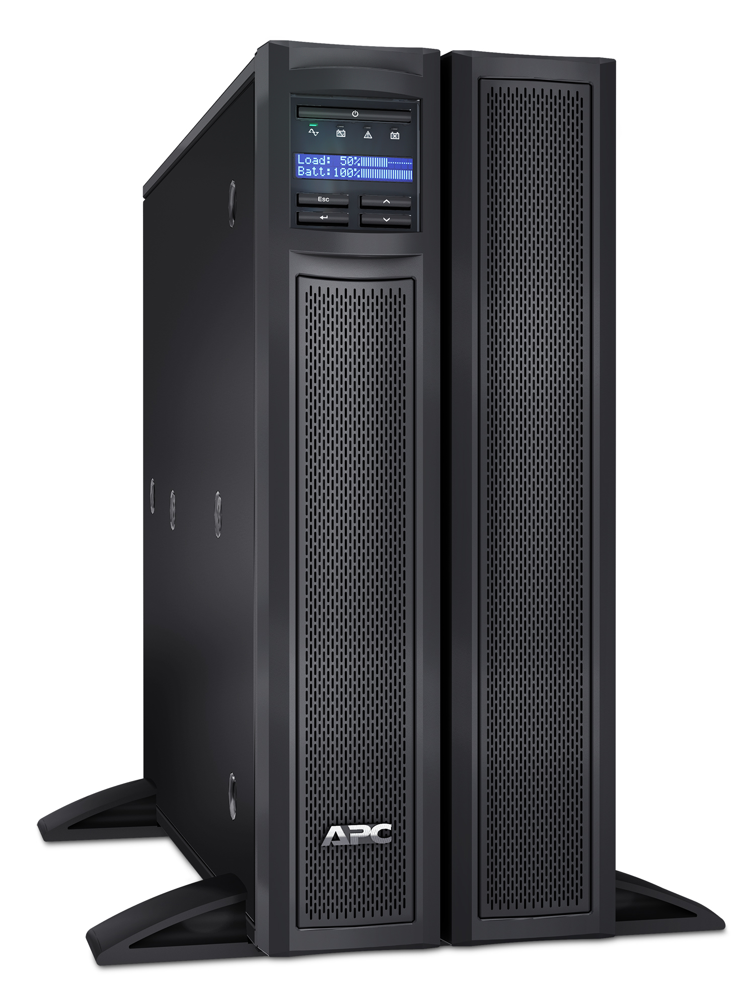 Gruppo di continuità APC nero su supporti con display LCD.