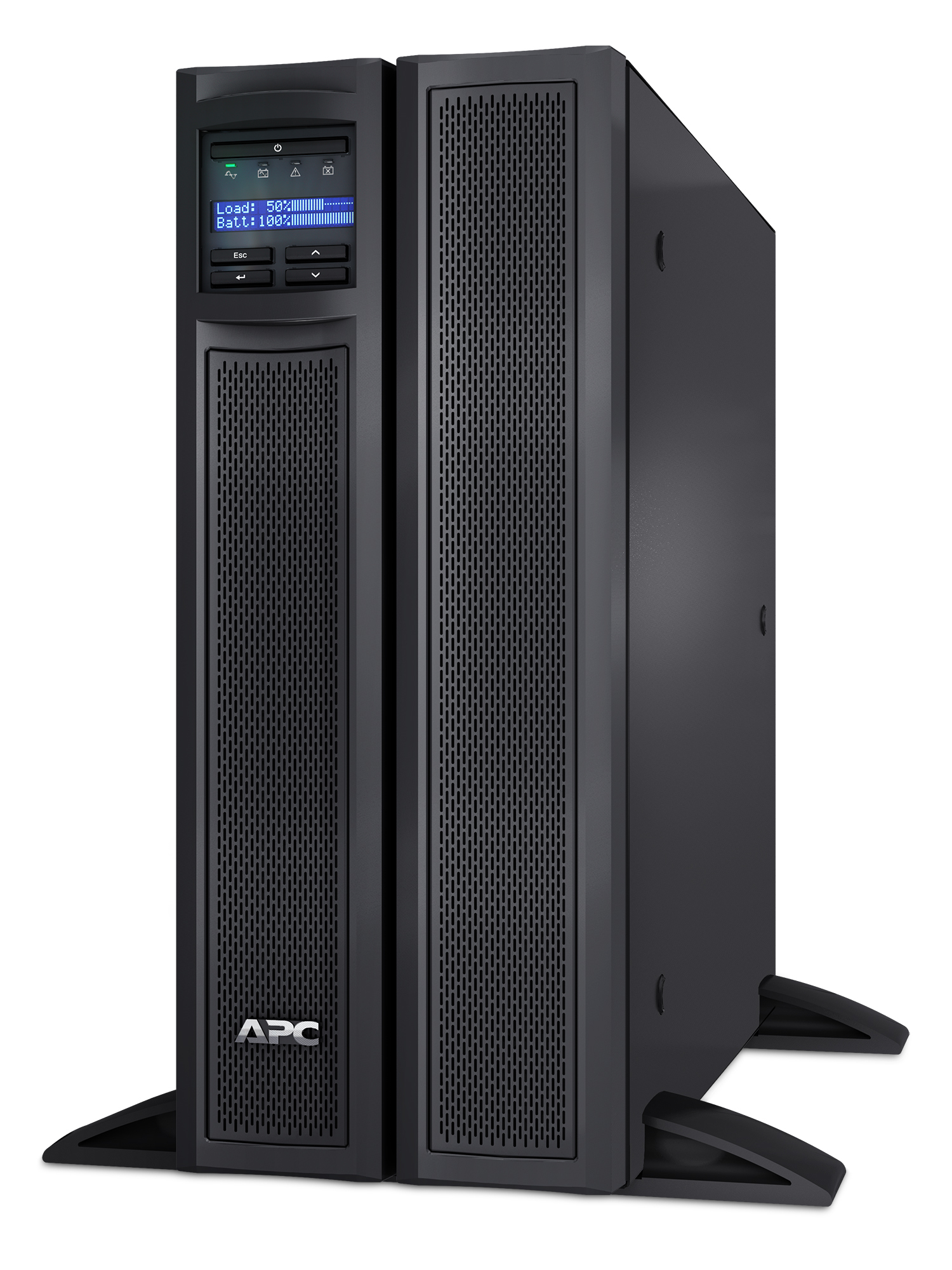 Unità UPS APC nera con schermo LCD che mostra 50% di carico e 100% di batteria.