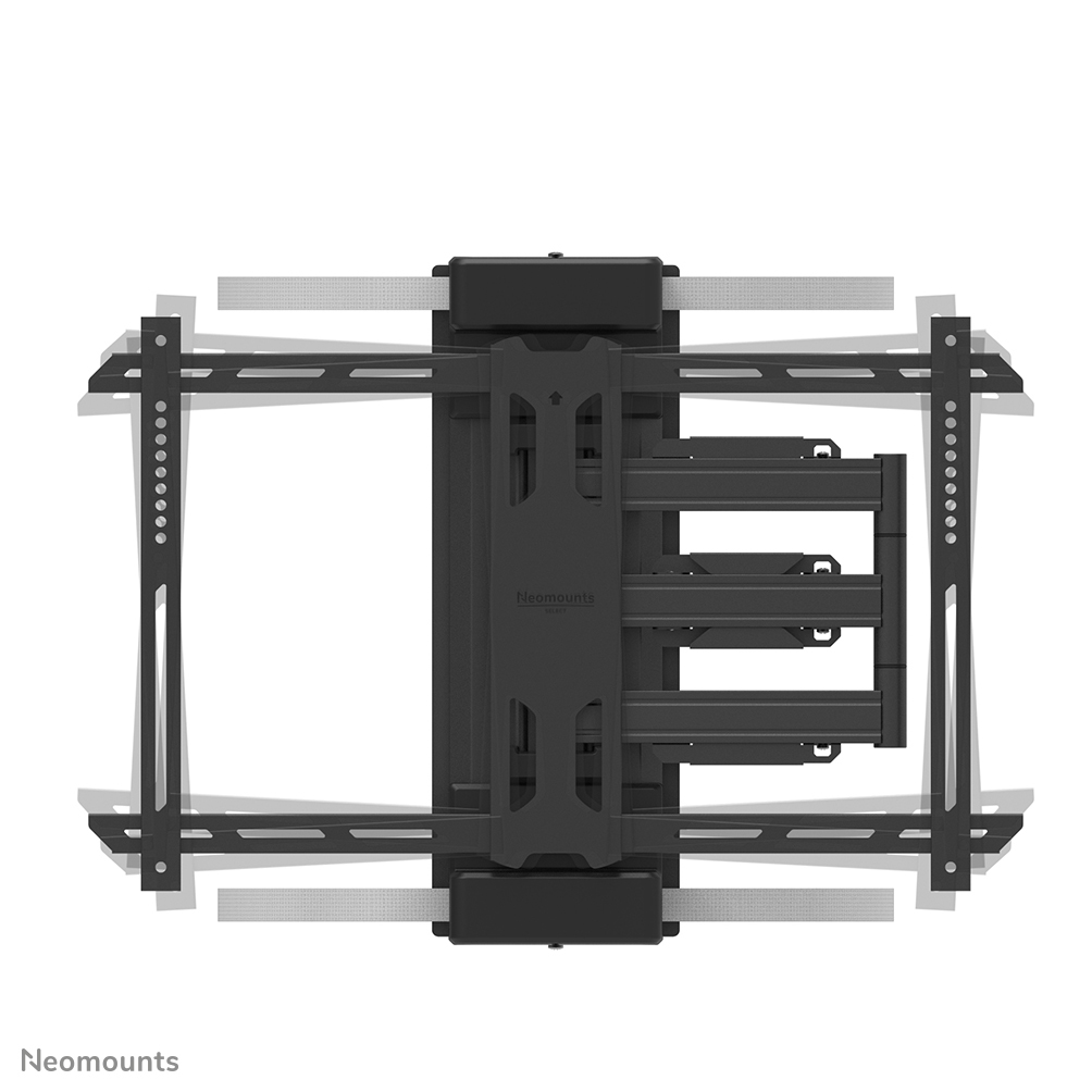 Supporto da parete TV nero con bracci estensibili e guide regolabili.