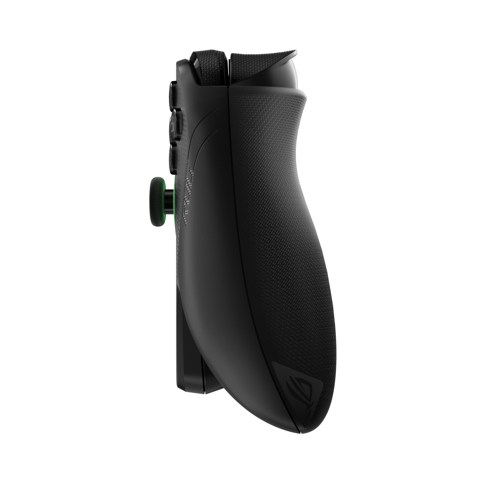 Schwarzer Gaming-Controller mit grünen Akzenten und texturiertem Griff.