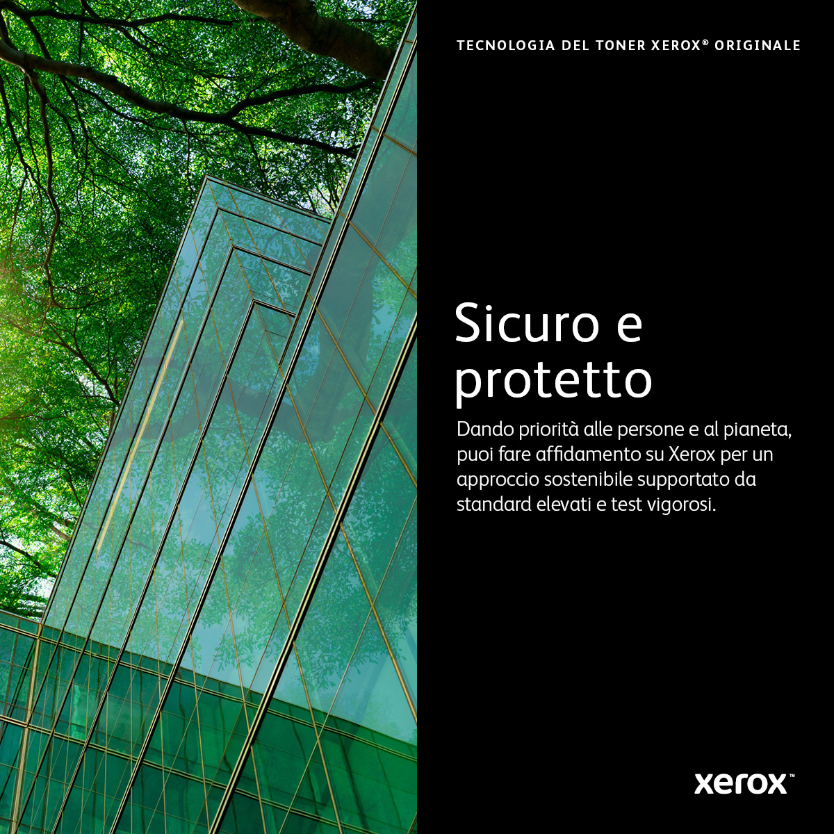 Alberi verdi su edificio di vetro. Logo e testo Xerox su nero.