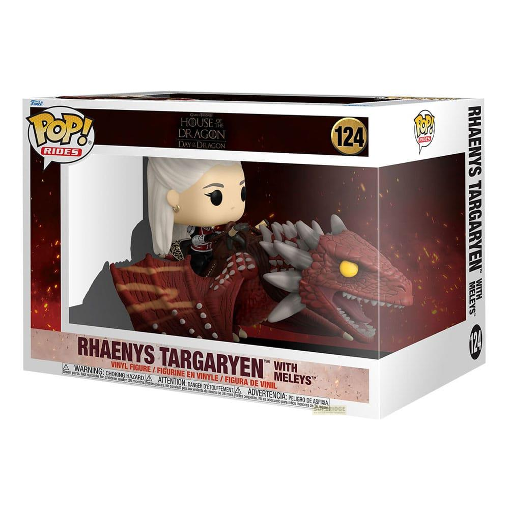 Figurine Funko Pop de Rhaenys Targaryen chevauchant un dragon rouge.